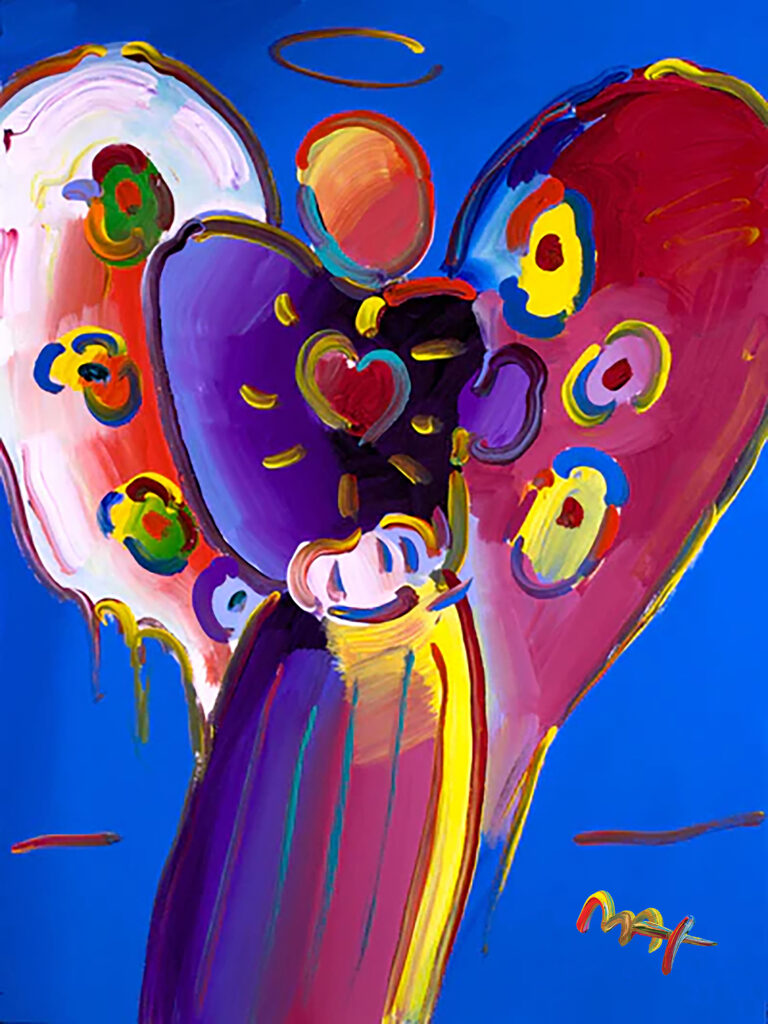 An Original Acrylic Painting Titled “Angel With Heart Ver. IV #44″ Acrylic on Paper 48×36” Angels are one of Peter Max’s favorite subjects to paint; inspiring the artist from millenniums of Western Art through the works of Caravaggio, Michelangelo and Chagall, and as creatures of the higher ideals of pureness of spirit and compassion. Expresionist Pop-Art style Depicting a Figure of Angel, by Peter Max