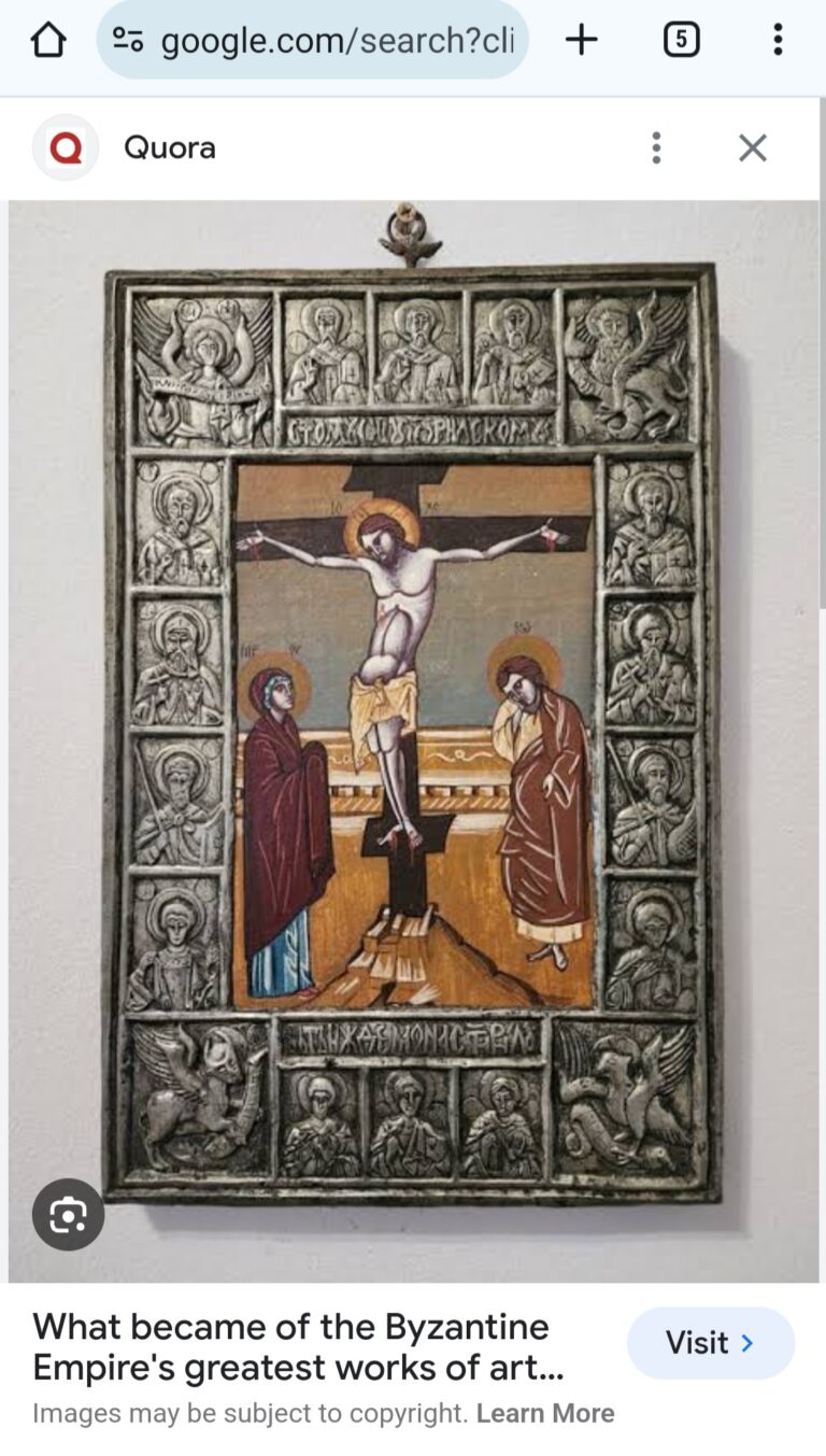 A Reproduction from circa mid 20thC Icon of “The Icons of St. Catherine’s Monastery In Egypt’s Sinai” titled The Crucifixion With Silver framed in Good condition Hand Made