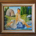 An Original Painting in Realistic Style by Listed Artist Patrice Le Pera Depicting a Portrait of MPTN Young Woman downstream from Tribal Fishing, Fox, Fish titled “Young woman gives Fish to Fox” With size 24 x 20 inch circa 2023 named 1st Prize in Sonoma County Professional Oil Painting Division Contest