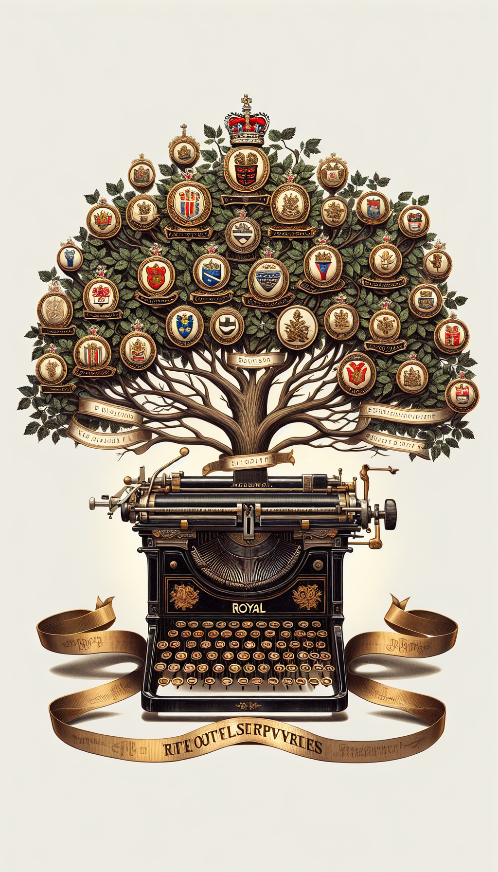 An ornate family tree rooted in a vintage Royal typewriter, with branches reaching upward into regal crests and emblems, each dated with a milestone era of the brand's legacy. Sprinkled throughout the tree are tiny gold coins representing the typewriter's value, while a ribbon banner weaves through the lineage stating significant historical anecdotes in elegant, faded typeface.