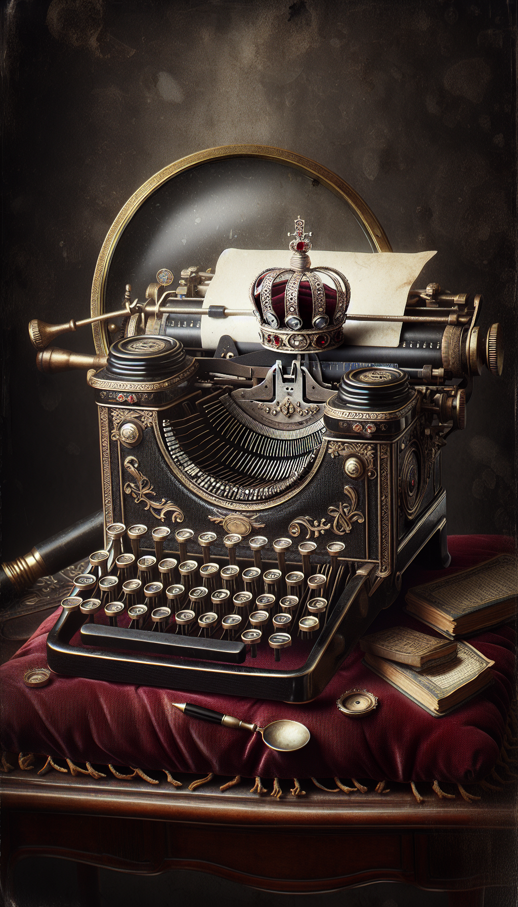 An ornate, vintage royal typewriter sits regally atop a velvet cushion, with a jeweled crown resting on its carriage. A magnifying glass hovers over it, highlighting the intricate details and pristine condition of the keys and typebars, symbolizing the careful assessment of its value, juxtaposed against a faded, ink-splattered background conveying its age and legacy.