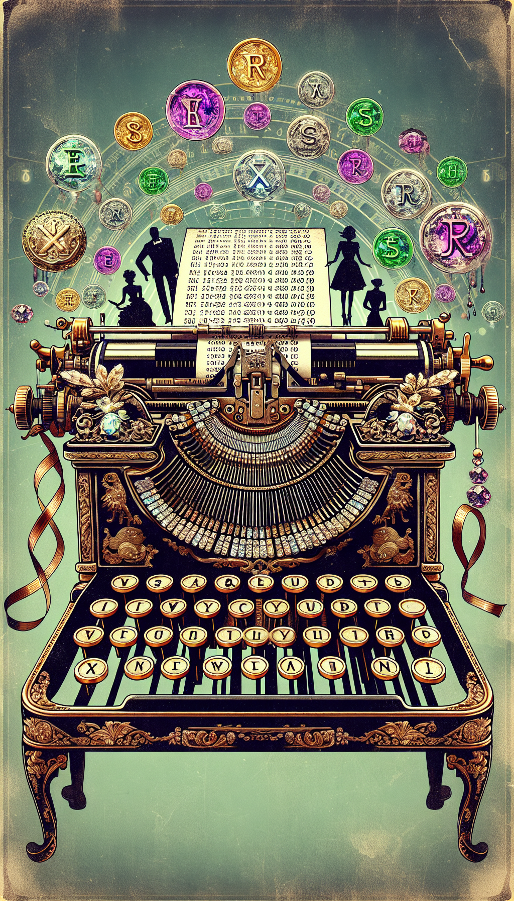 An ornate, vintage Royal typewriter sits atop an antique auction pedestal, its keys crafted from rare gemstones. Ghostly currency symbols float above, merging into gleaming memories. In the background, shadow figures bid with nostalgic enthusiasm. The typewriter ribbon unfurls into a ticker tape, listing dates and escalating values in stylized, retro typography.