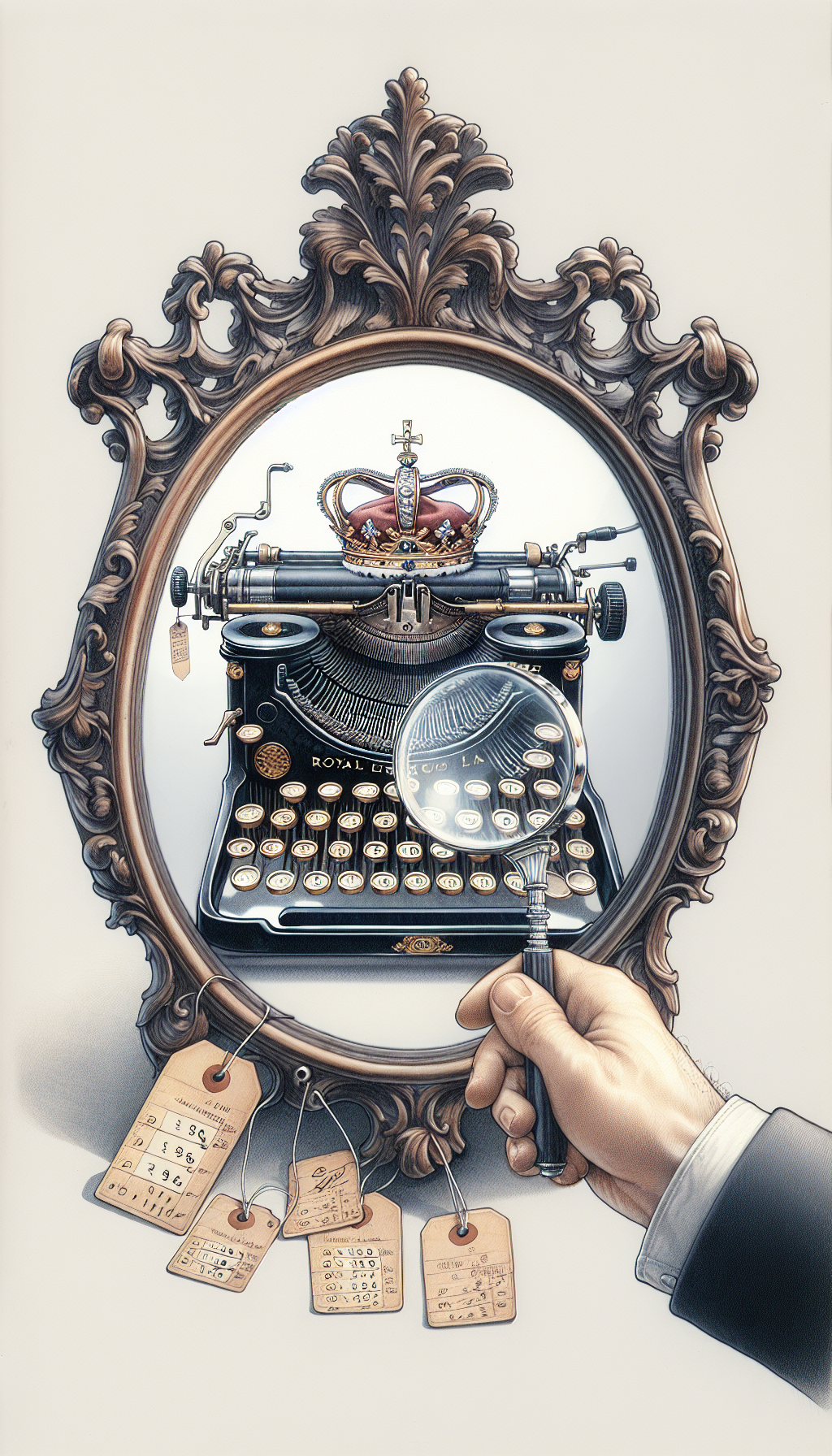 An ornate hand mirror reflects the image of a vintage Royal typewriter, with an expert's magnifying glass scrutinizing a tiny crown atop its keys. Price tags dangle from the carriage return lever, each inscribed with appraisal values. The contrasting styles—a watercolor mirror frame and a photorealistic typewriter—symbolize the blend of heritage and precise valuation.