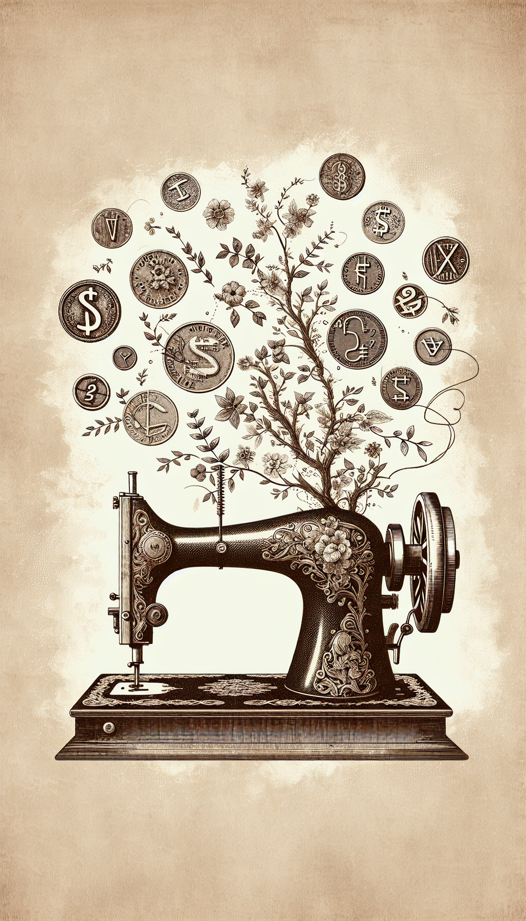 An intricate illustration depicts a sepia-toned vintage sewing machine, with delicate vines and flowers blossoming from its mechanisms, symbolizing growth from history. Floating above, ghostly apparitions of currency symbols and antiquated price tags intertwine, signifying the machine's enduring value. The image, textured with cross-hatching and stippling, mirrors an aged etching to evoke a bygone era's elegance.