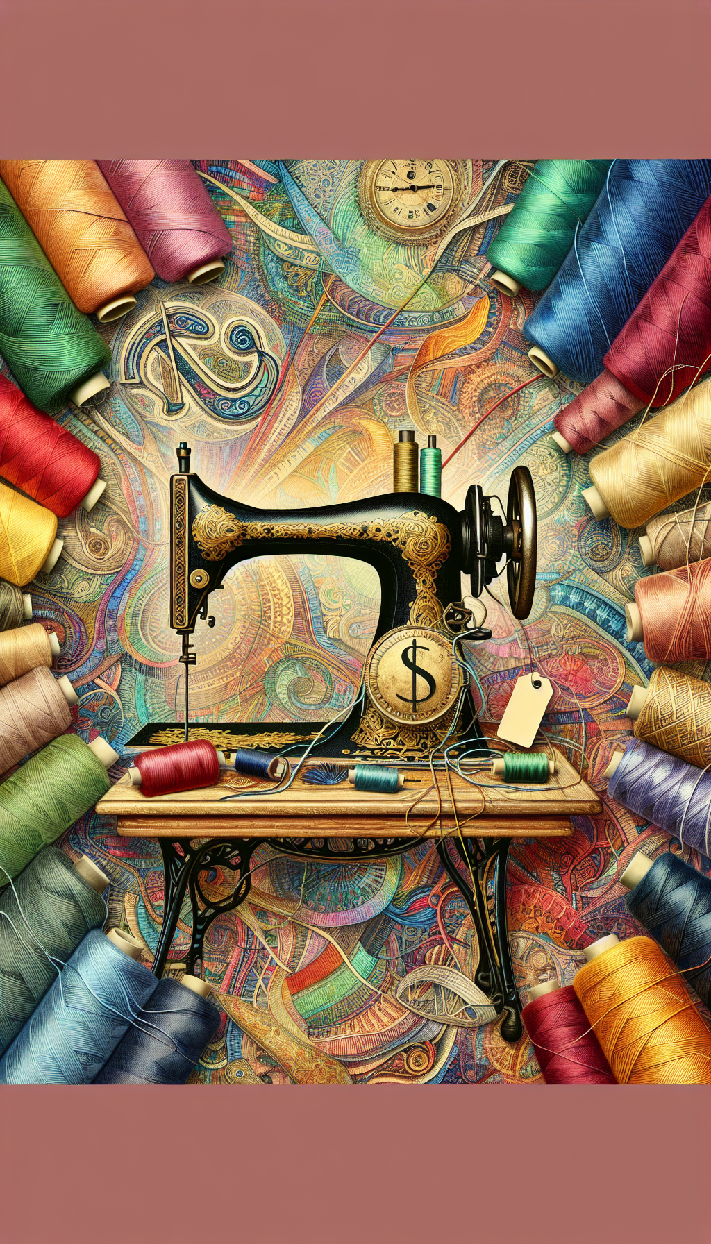 An eclectic tapestry backdrop featuring vibrant threads interweaving key symbols - a dollar sign, a timepiece, a brand logo, and a quality seal - into the fabric, converging upon an ornately detailed, vintage sewing machine that’s part-golden filigree to signify value, with a price tag dangling from its spool, showcasing a fusion of historical charm and monetary worth.