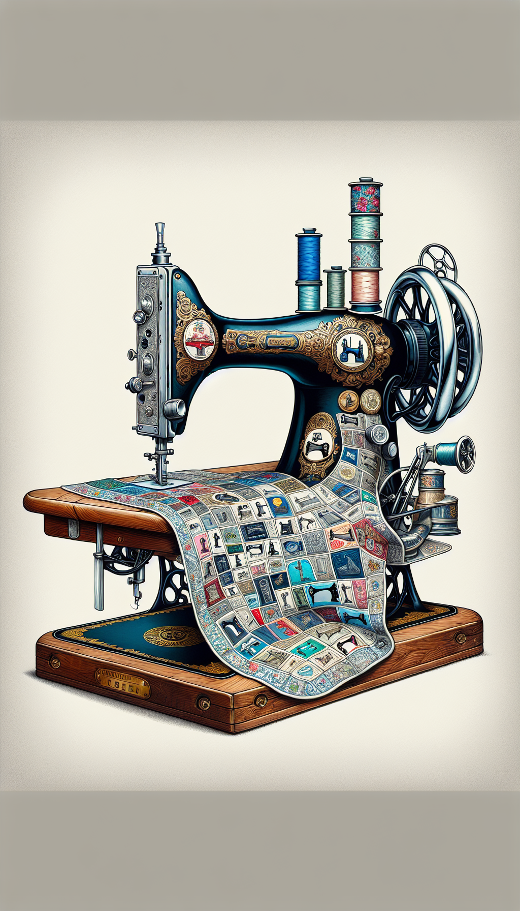 An antique sewing machine, its base formed by elegantly stacked logos of iconic sewing machine brands, supports a quilt draped over the arm. The quilt patches depict various models from each brand in contrasting artistic styles—art deco alongside pixel art, watercolor beside line art—symbolizing a tapestry of timeless value and collectibility in the world of sewing machines.