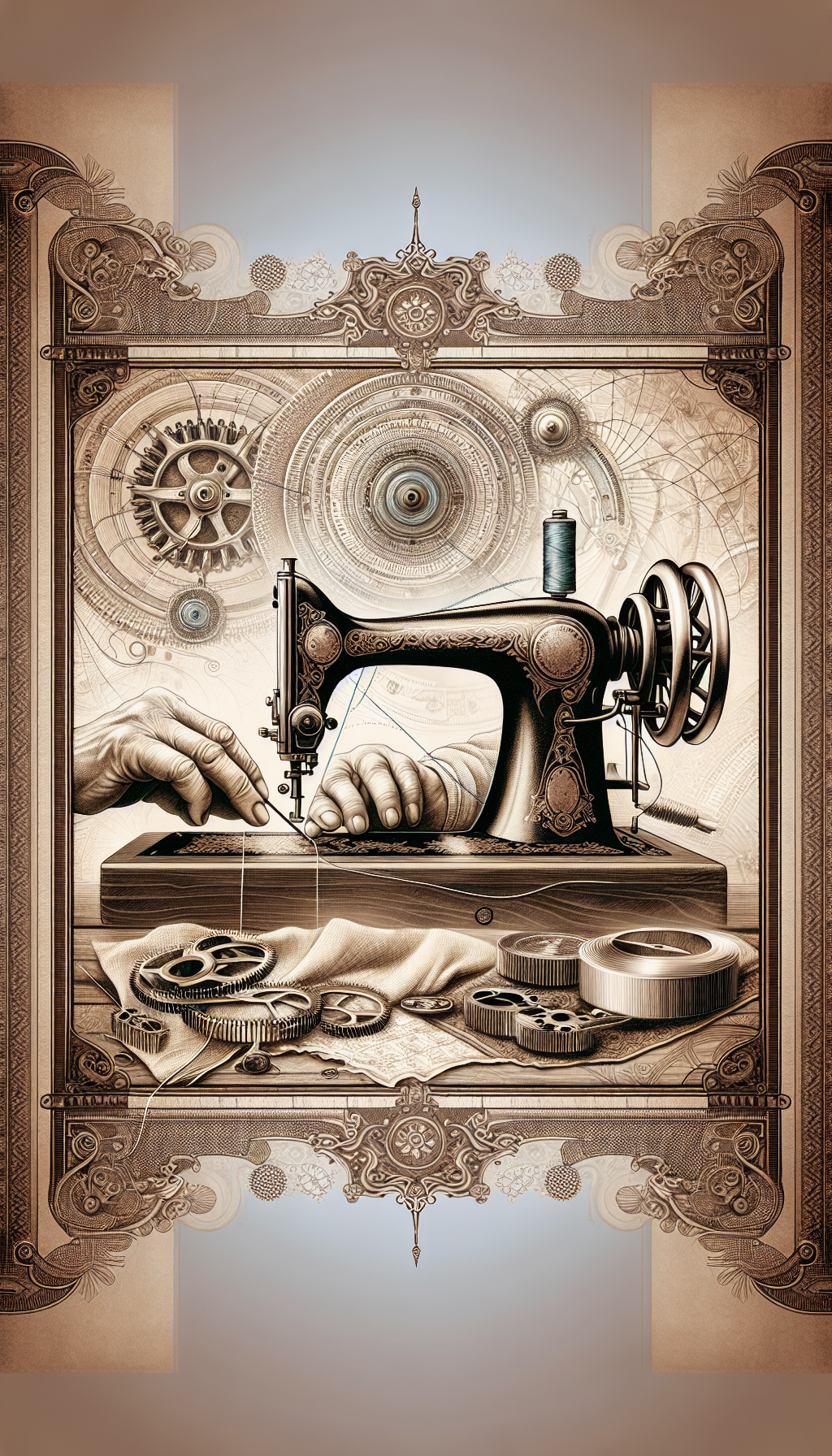 An intricately detailed illustration showcases a pair of aged, yet gentle hands delicately restoring an ornate antique sewing machine, with vintage-style motifs and interwoven thread patterns framing the scene. A soft sepia overtone envelops the machine, evoking a sense of history and value, while faint, transparent cogs and gears overlay the background, symbolizing the ongoing maintenance of tradition.