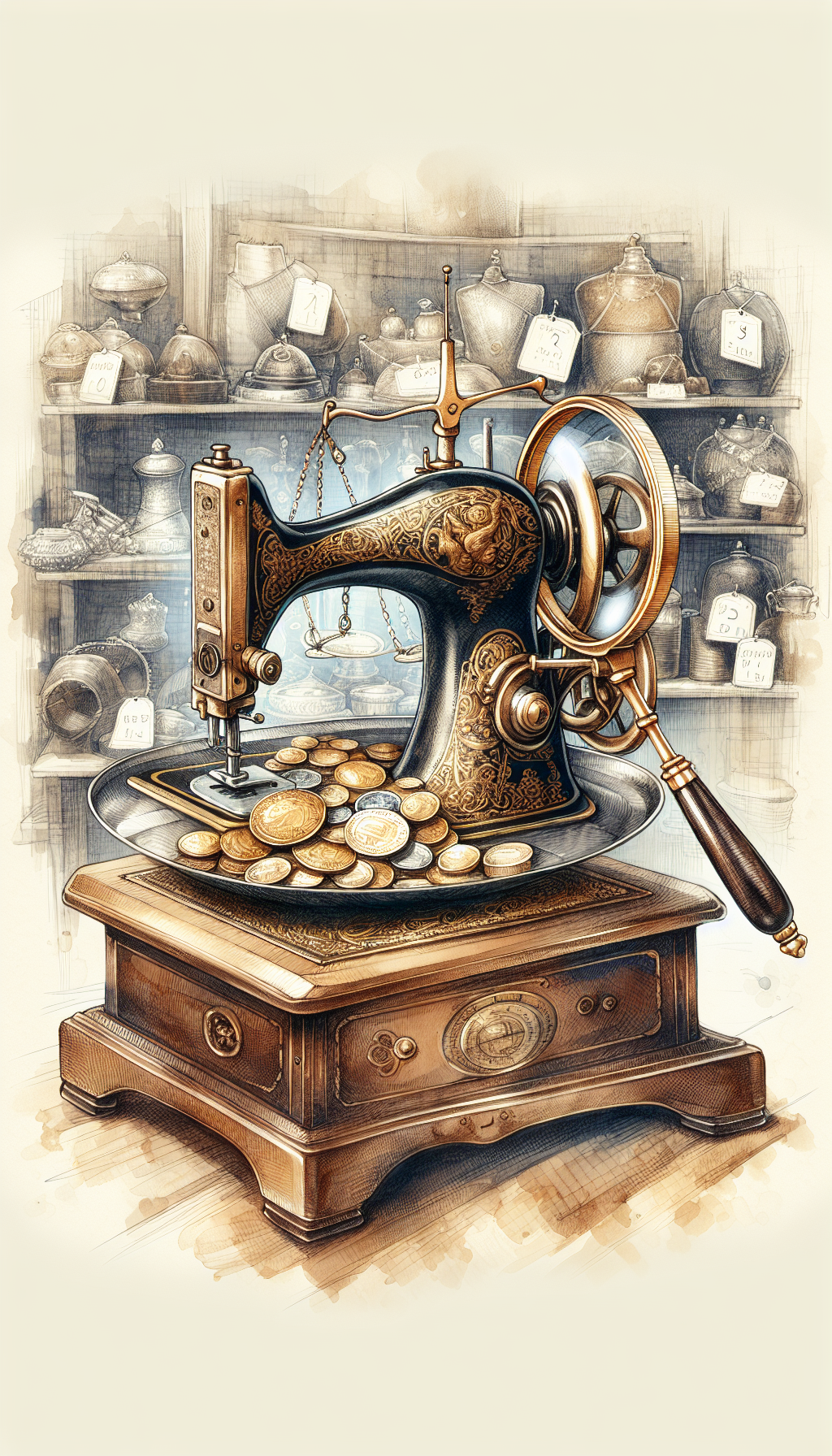 An illustration of a classic, ornate sewing machine standing atop an antique appraiser's jeweler scale, balancing with a pile of golden coins on the opposite tray. A magnifying glass focuses on the machine's intricate details, and a small, price-tagged vintage collection decorates the background. The style merges watercolor textures for the machine's patina with sharp, inked outlines emphasizing the machine and monetary elements.