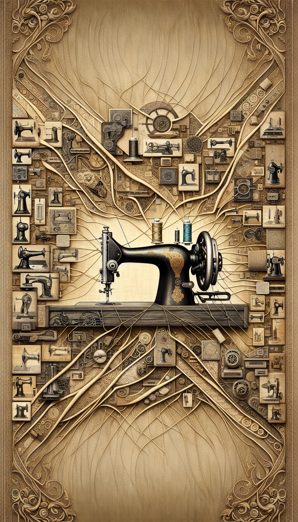 An ornate collage style illustration featuring a tapestry of interwoven fabric strips, each strip showcasing a different era's vintage sewing machine in muted sepia tones, with trail of shimmering gold stitches connecting them. At the forefront, a prominent, exquisitely detailed antique sewing machine adorned with price tags indicating its high value, subtly emphasizing the precious heritage and timeless worth of these historical artifacts.