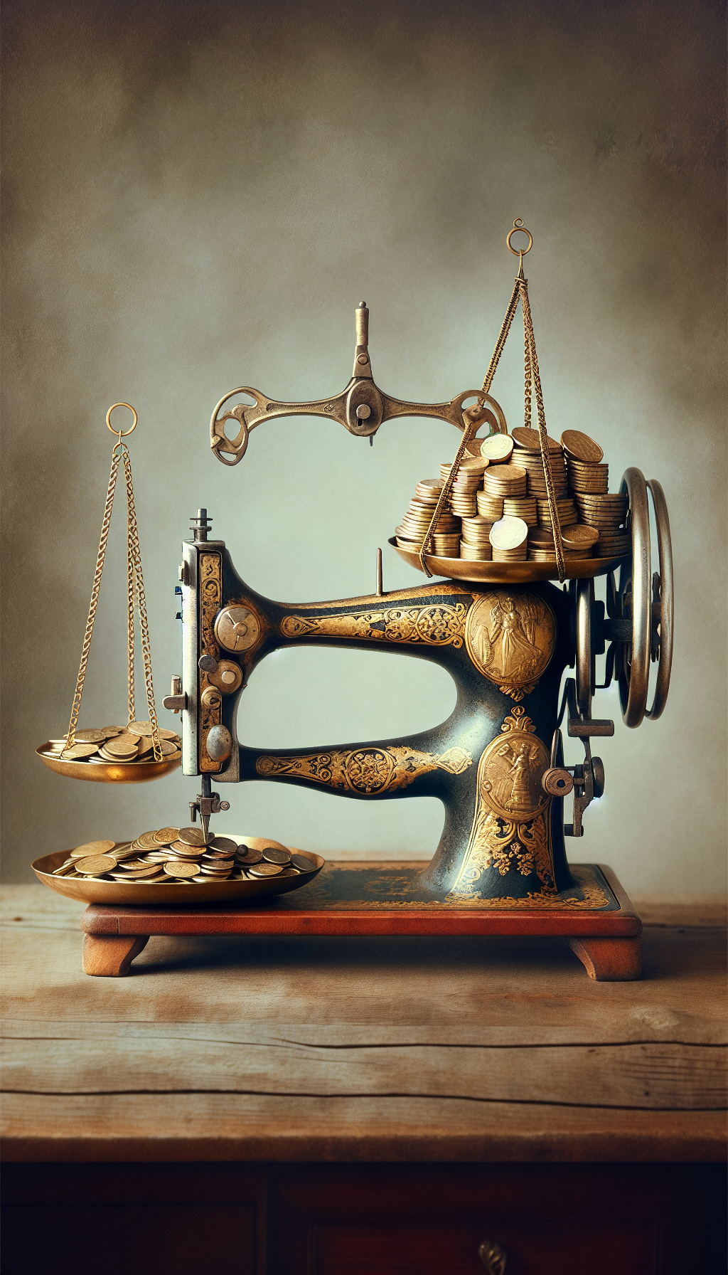 A vintage sewing machine sits on top of a jeweler’s balance scale, with one side holding a pile of golden coins. The ornate details of the machine contrast with the shiny simplicity of the coins, symbolizing the machine's intricate value. Soft watercolor tones blend the two eras, hinting at the balance between historical charm and monetary worth.