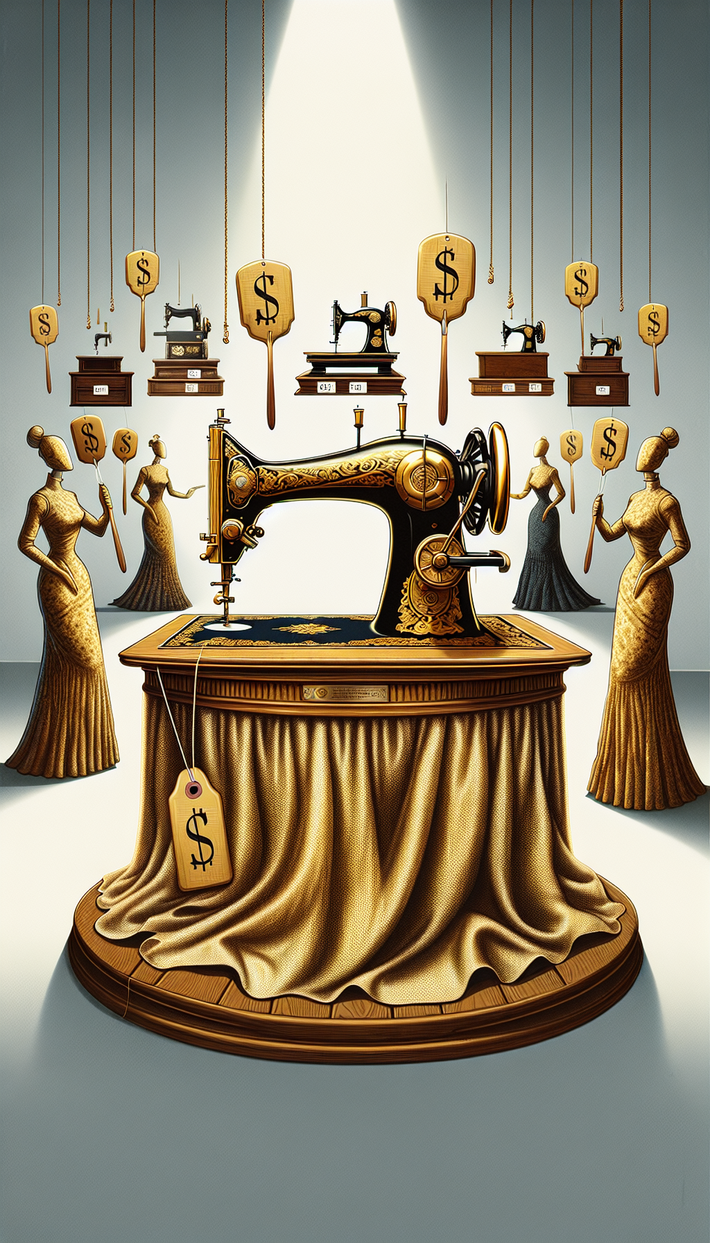 An opulent auction stage featuring a gilded, classic sewing machine centerpiece draped in a shimmering fabric that spells out "Vintage Elegance". Eager, shadowed figures hold paddles with dollar signs, symbolizing avid collectors bidding for treasured brands. Faint price tags dangle from ornate, assorted machines in the background, highlighting their high value, blending styles of elegant realism and whimsical caricature.