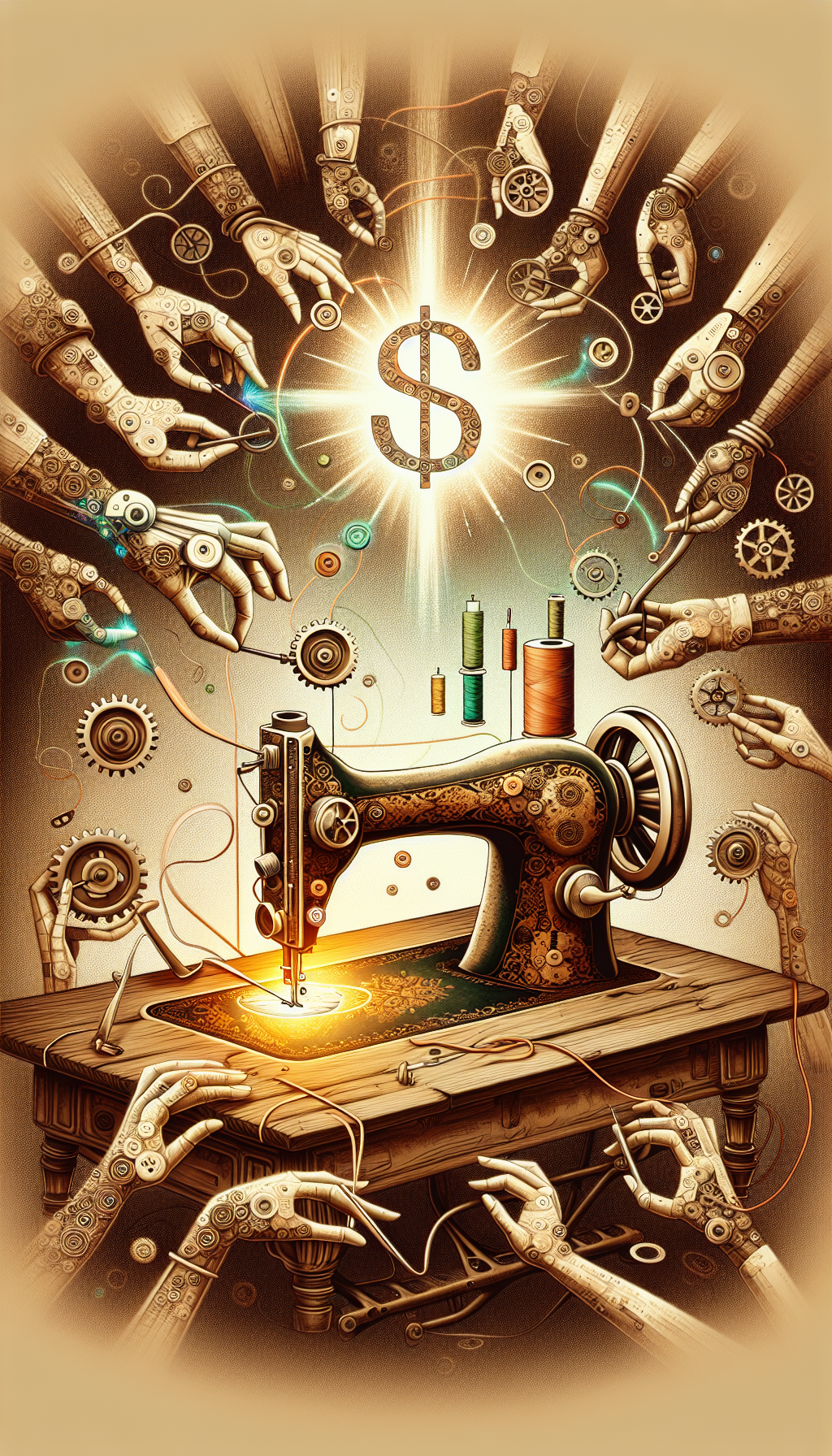 An illustration showcasing an antique sewing machine being transformed by whimsical mechanical hands performing restorative tasks: polishing a rusty wheel, threading a needle with a vibrant thread, and replacing a worn belt. Above, a translucent dollar sign glows, reflecting enhanced value. The image seamlessly blends vintage sepia tones with bursts of color over areas rejuvenated, symbolizing the fusion of preservation and added value.
