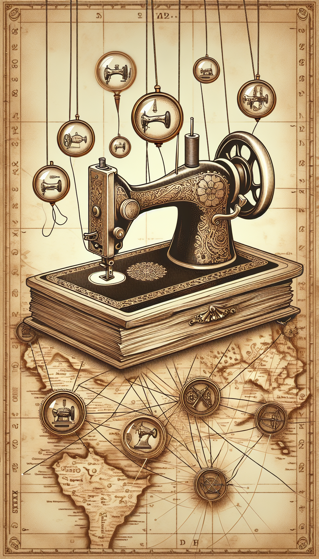 An intricate line-drawn sepia illustration depicts a vintage sewing machine, with delicate floral patterns etched onto its sides, perched atop an old map. Golden threads highlighting routes connect symbols marking treasure spots, each subtly shaped like different classic sewing machines. Tiny magnifying glasses hover over, symbolizing the search for value in sewing nostalgia.