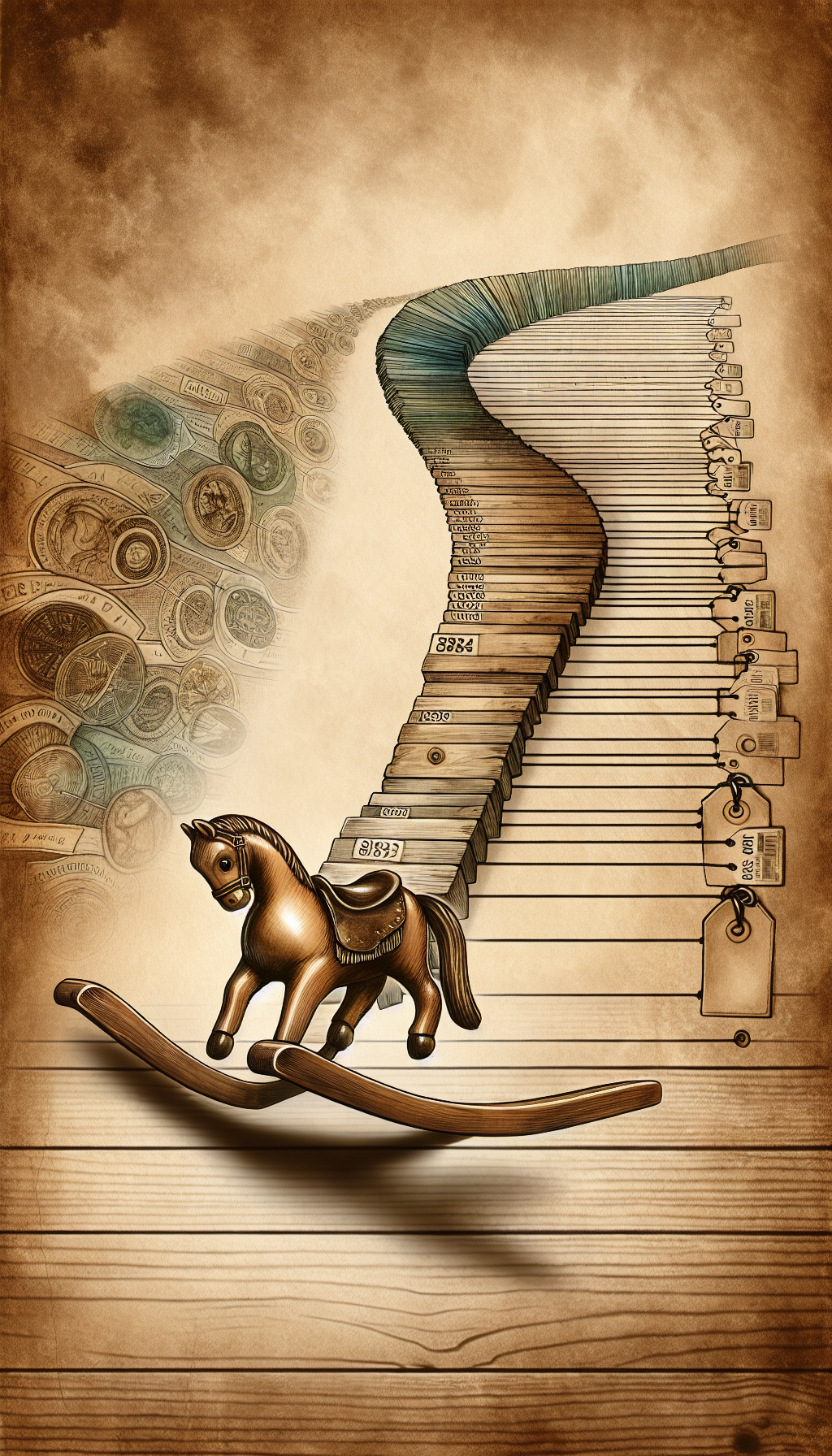 An aged wooden rocking horse sits at the forefront, with each curved rocker resting upon a timeline that flows into the distance. Carved notches along the timeline signify key historical periods, while faded price tags ascending from past to present dangle, symbolizing the horse's increasing value. The image blends styles: sepia tones portray its antiquity, contrasting with vibrant watercolor hues indicating its timeless worth.