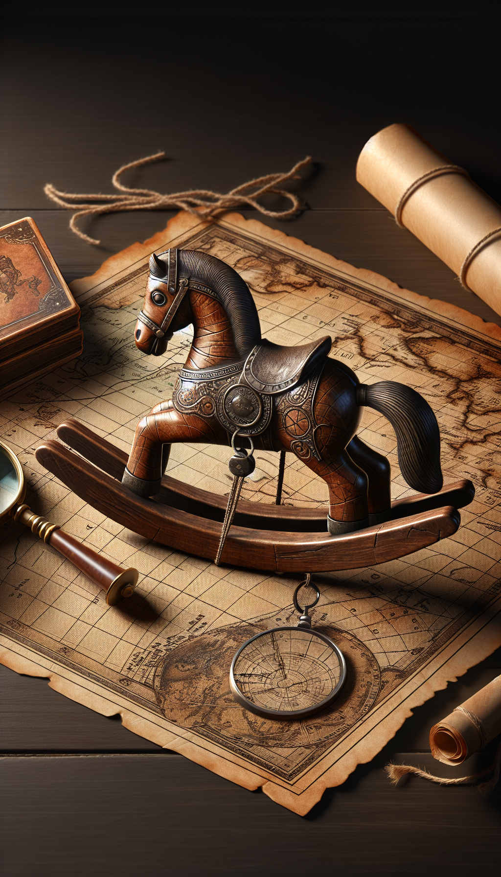 An antique rocking horse stands atop an aged treasure map with magnifying glass and scroll. Fine cracks and wood grain detail highlight its venerable age while a shimmering tag dangles, showing a hefty valuation. Illustration styles blend, with the horse rendered in realistic earthy tones and the map in vintage line art, hinting at the mystery of its origins.