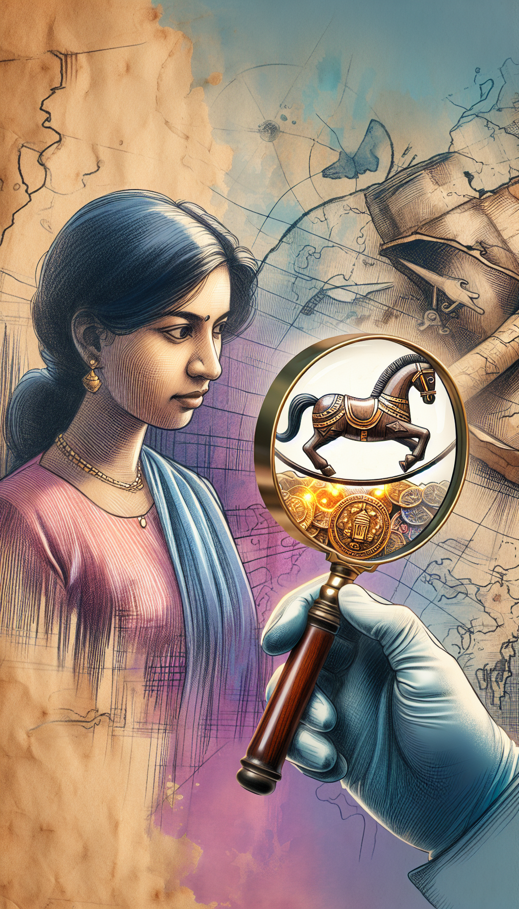 An antique inspector peers through a magnifying glass, revealing glowing hallmarks on a miniature, intricately carved old wooden rocking horse perched on top of an aged treasure map. The background swirls from sketched pencil lines to vibrant watercolor shades, symbolizing the journey from uncertainty to the discovery of the rocking horse's authentic, valuable past.