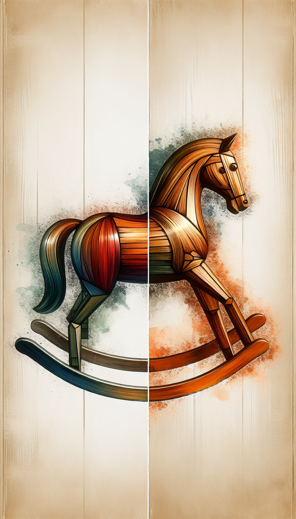 An antique wooden rocking horse stands proudly, half-rejuvenated, with one side meticulously restored, revealing gleaming wood grain and vibrant paint, while the other remains untouched, showcasing its vintage charm. Artistic styles collide as sharp, geometric lines delineate the restored half, and soft, watercolor strokes represent its preserved counterpart, symbolizing a balance between restoration and preservation.