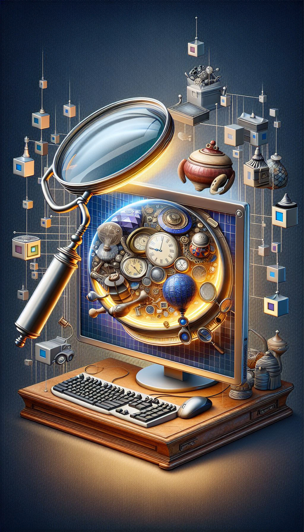 An intricately detailed digital illustration featuring a magnifying glass hovering over a glowing computer screen that displays a mosaic of antiques—a watch, a vase, and jewelry. Through the magnifying glass, the antiques transform into digital pixels, symbolizing their appraisal values being calculated in real time online. Whimsical mouse cursors double as auctioneer's gavels around the frame.