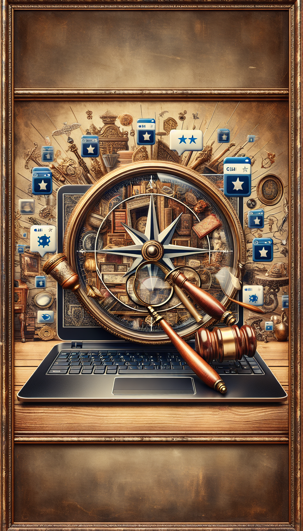A digital compass rose overlaid on a laptop screen displaying a classic auction gavel, magnifying glass, and a rotating gallery of antiques. The compass points towards different web icons symbolizing reputable appraisal sites, with a chat bubble showing a five-star review floating nearby. The entire image is framed within a vintage ornate picture frame to emphasize the antique theme.