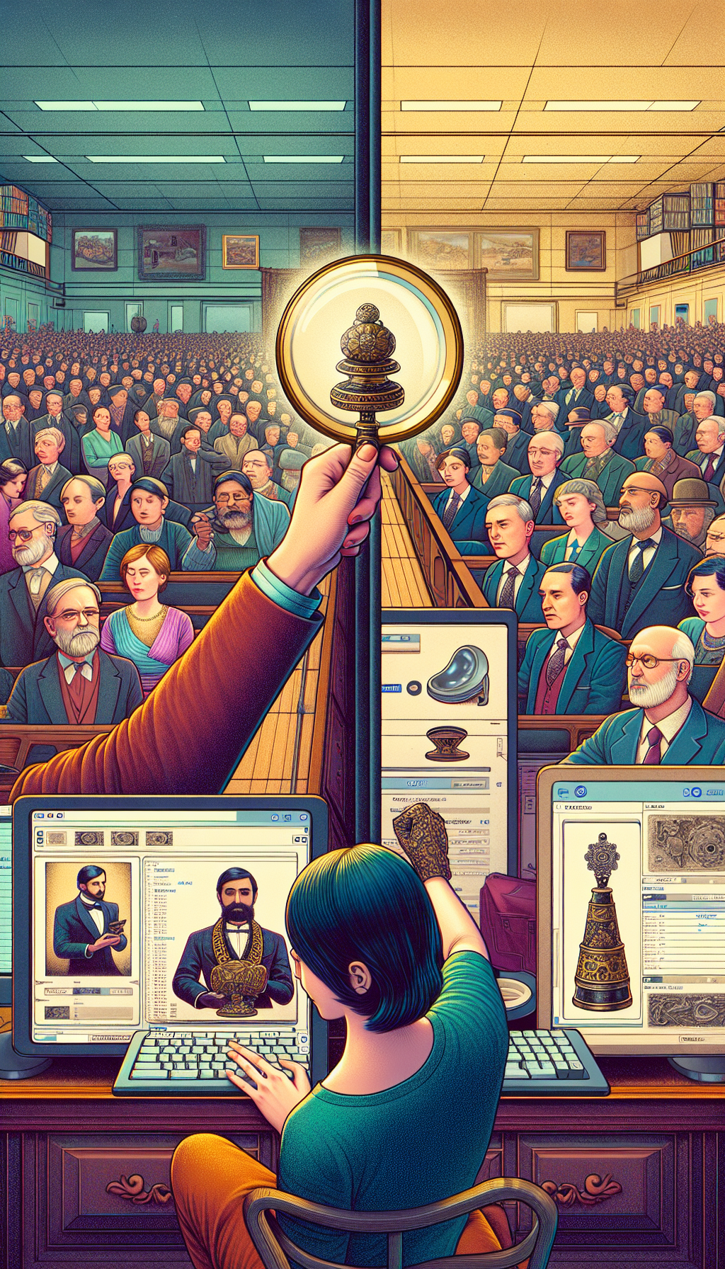 A split-screen illustration: on one side, a person holds an antique in a crowded auction house, surrounded by experts; on the other, a user uploads a photo of the item to an app on a computer screen. Both sides connected by a magnifying glass highlighting the antique, symbolizing scrutiny. The styles range from realistic to digital pixelation across the divide.