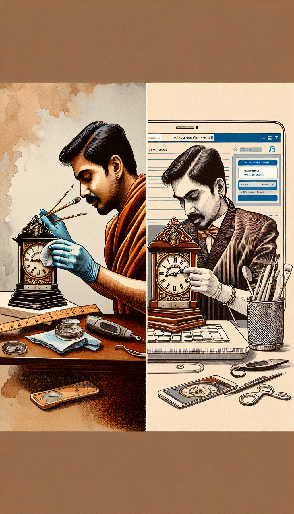 A split-screen illustration: on one side, a person carefully cleans a vintage clock with a soft cloth; on the other, they're photographing it beside a ruler for scale, with a computer screen in the background displaying an "Online Antique Appraisal" form. The contrasting styles - watercolor for cleaning, digital line art for photographing - emphasize the merging of traditional care and modern technology.