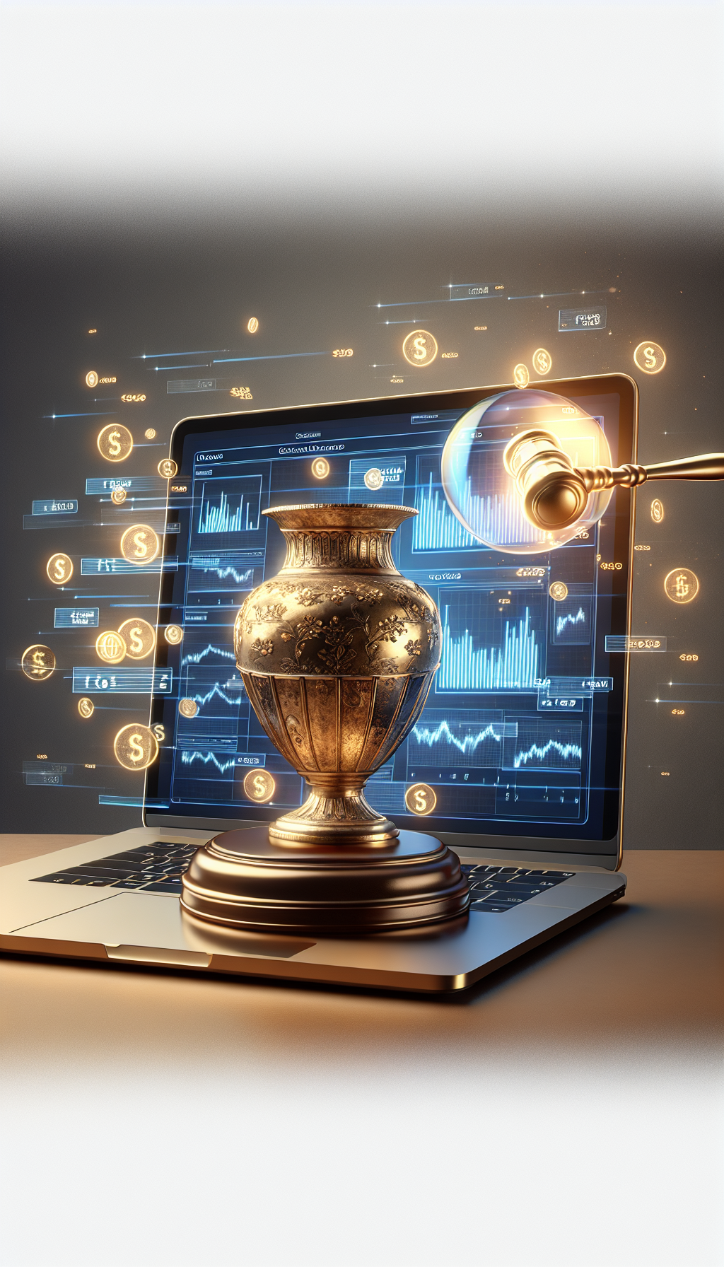 A sleek laptop screen casts a glow on a gilded antique vase perched atop an auctioneer's pedestal. Digital appraisal charts and currency symbols ascend like auction bids in a bubble above the vase, seamlessly morphing into a vibrant, virtual gavel that strikes down amongst a flurry of online bids, capturing the transition from appraisal to profit.