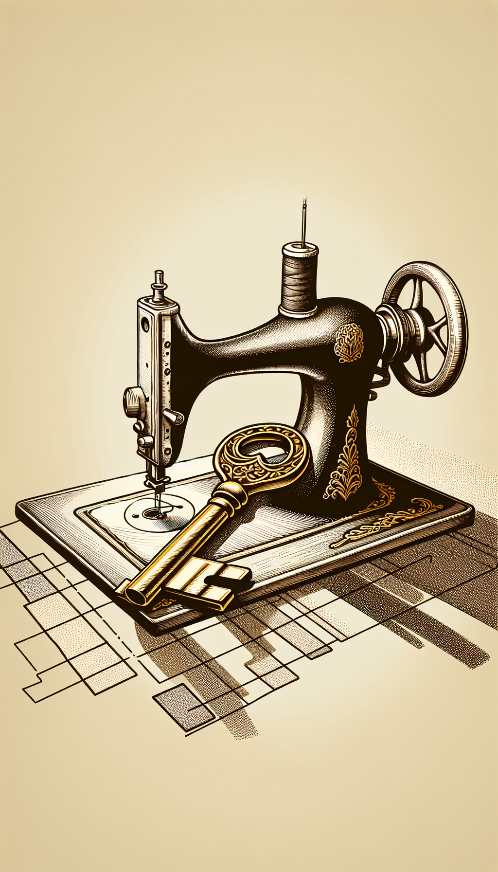 An intricately detailed, sepia-toned line drawing features an ornate, vintage Singer sewing machine with an oversized, shimmering golden key laying across it, symbolizing the 'deciphering' process. The shadows of the machine and key form a bar graph, subtly hinting at rising values, connecting age and rarity to the valuation of antique Singer sewing machines.