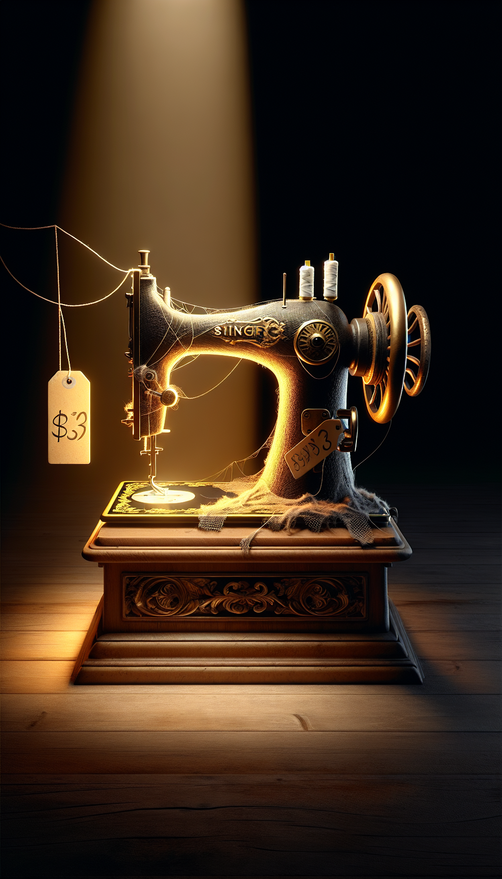 An illustration of an ornate Singer sewing machine on a pedestal, half bathed in golden light symbolizing preservation, while the other half is shadowed and draped with cobwebs, indicating neglect. Below, two contrasting price tags hang, the preserved side with a high value, and the neglected with a reduced figure, visually conveying the preservation condition's impact on the antique’s worth.