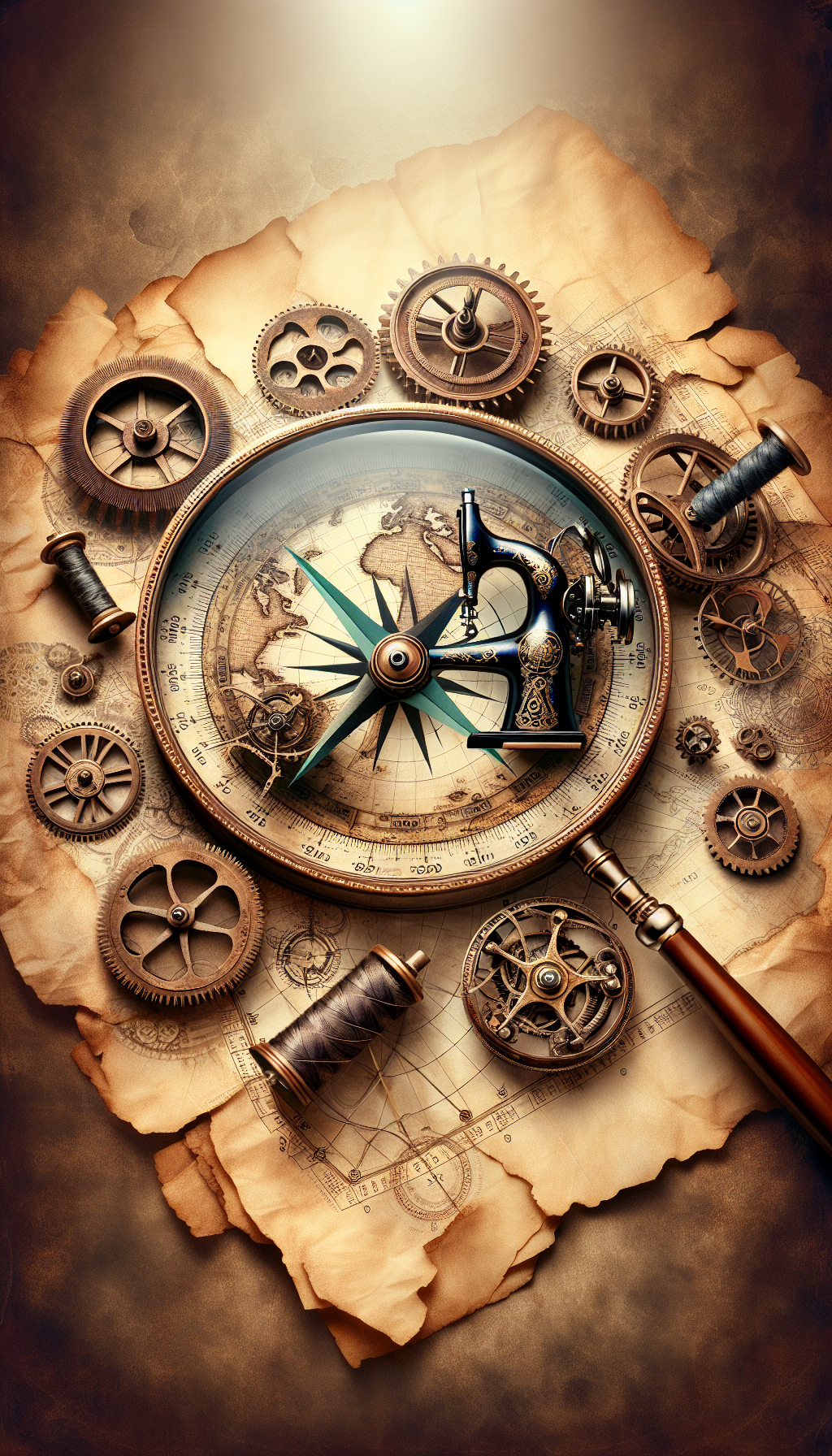 An intricate steampunk-style compass rose overlaid on an ancient, delicate parchment, its needle twirling among gear-shaped continents and vintage Singer sewing machines as landmarks. The compass directs toward a magnifying glass that highlights an ornate, price-tagged Singer machine, illustrating the treasure hunt through Singer's historic catalog to discover the antique value of these timeless mechanical marvels.