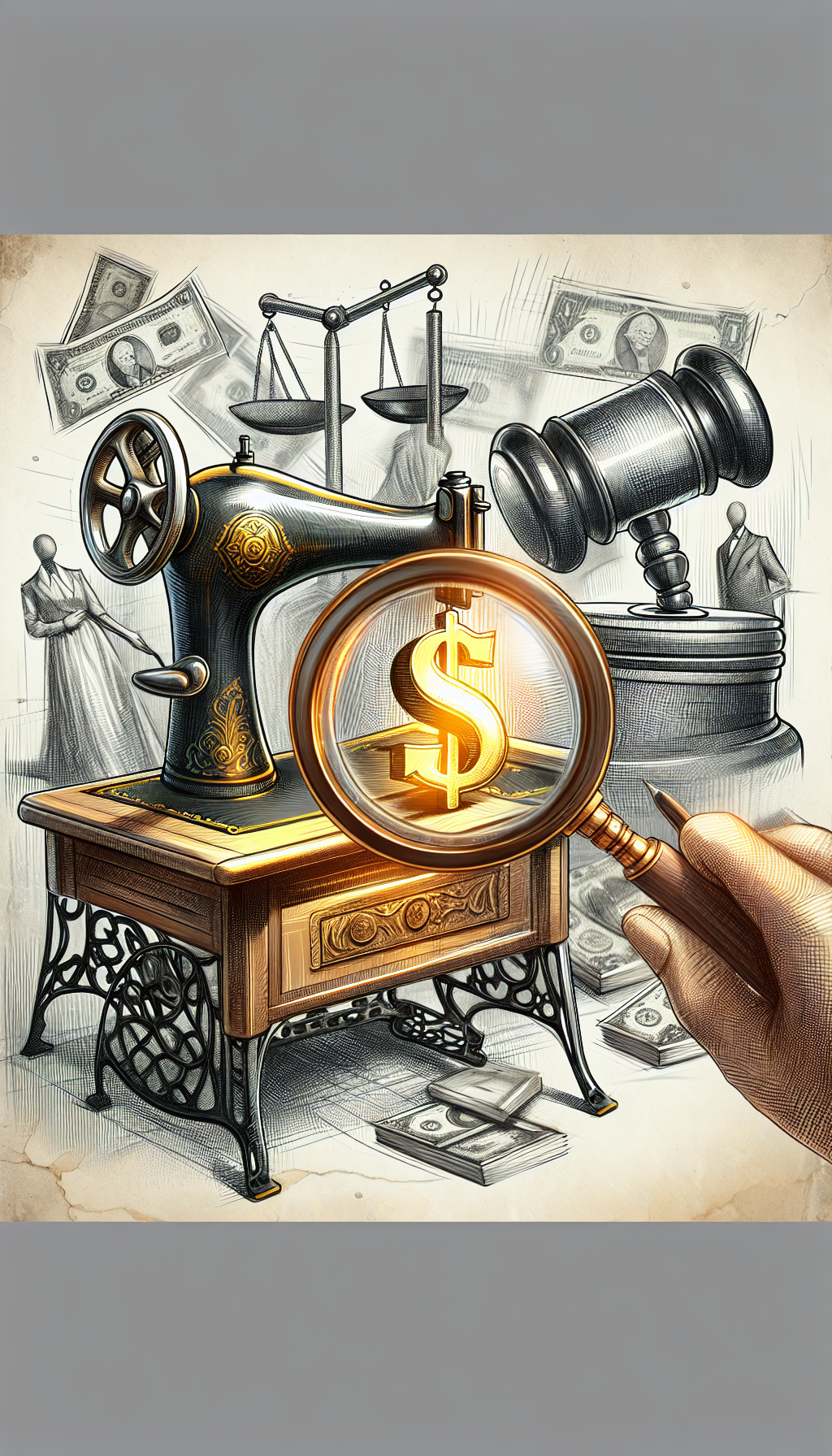 An illustration depicts a magnifying glass hovering over a vintage Singer sewing machine, focusing on an engraved serial number that glows gold. Sketched dollars and auction gavel float above, with the machine's details transitioning from a realistic style near the magnifying glass to impressionistic strokes at the edges, symbolizing the blend of precise history and subjective value.