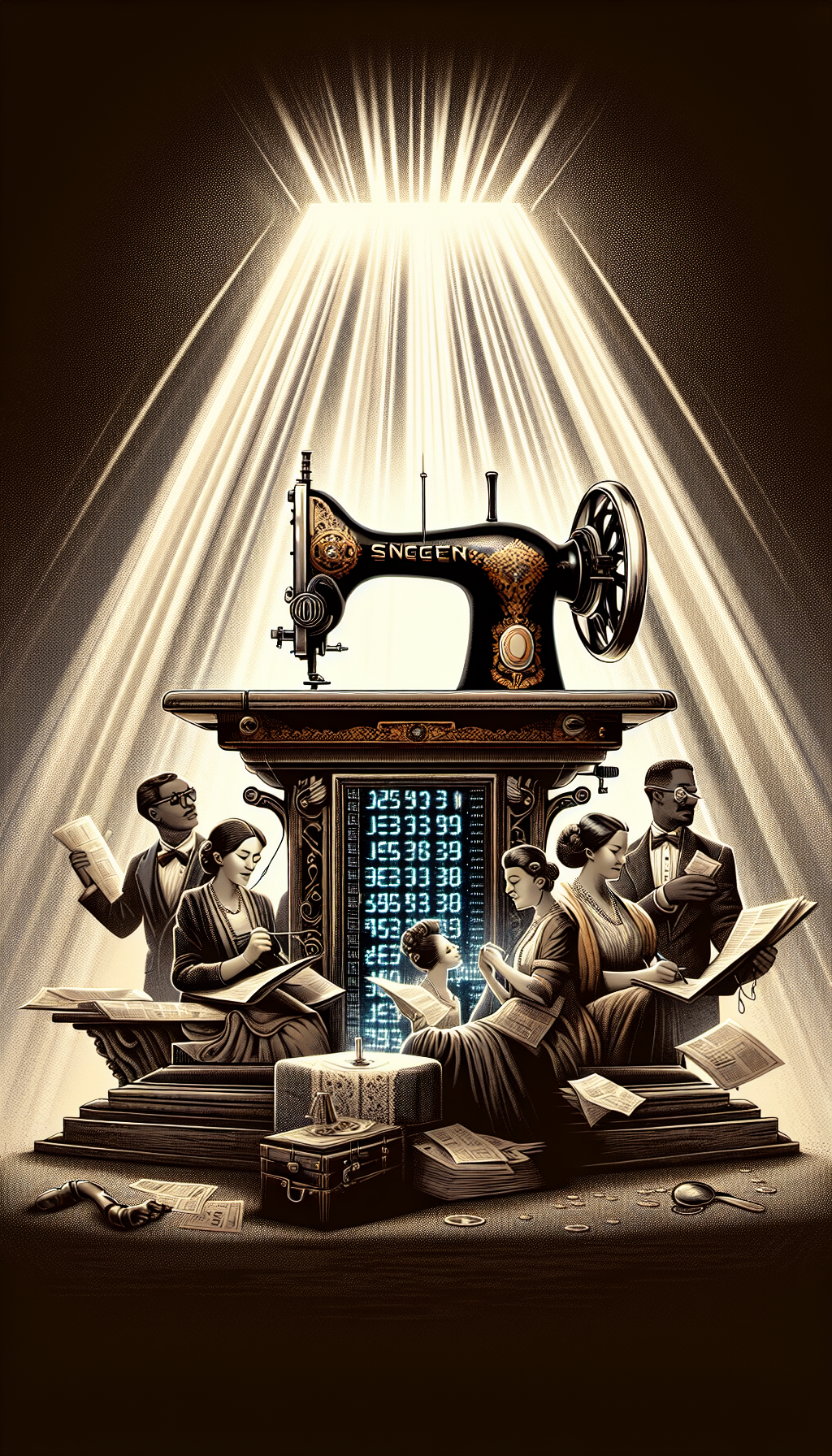 An illustration depicting a vintage Singer sewing machine sitting atop a pedestal, with rays of light casting down on it. Surrounding the machine are various characters resembling appraisers, with monocles and magnifying glasses, examining the machine. Above, digital numbers like an auction display increase in value, blending traditional and pixel art styles, symbolizing its growing monetary potential.