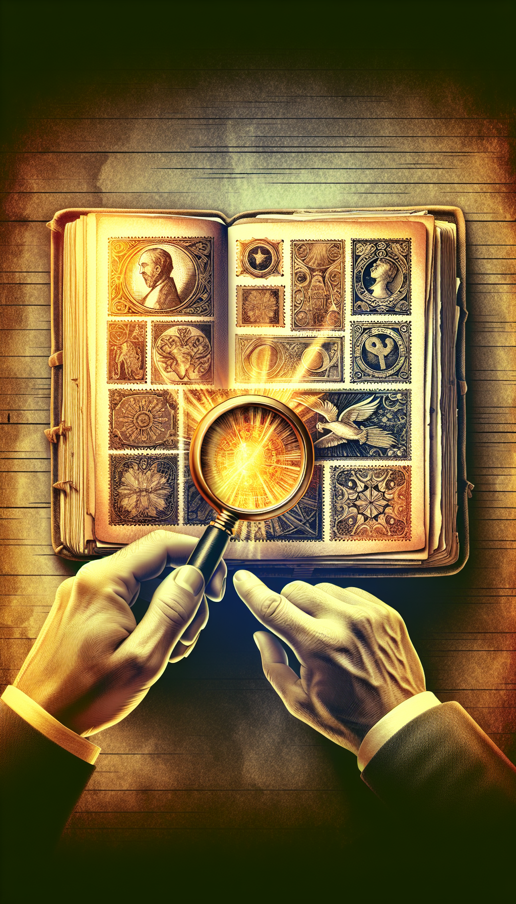 An illustration depicts a magnifying glass held over an open, weathered stamp album, wherein a golden glow spotlights several stamps. These stamps are intricately styled with baroque patterns indicating their worth. The background subtly shifts from sepia-toned edges to vibrant colors at the center, symbolizing the transition from the past to the revealed value through discovery.