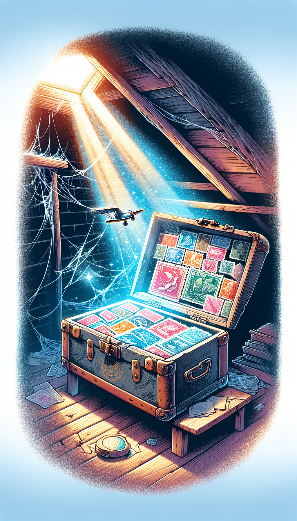 A vibrant illustration shows a dusty attic corner with a cobwebbed chest opening to reveal a shining beam of light onto an old stamp album. Amongst the stamps, one, with a vintage airplane, glimmers like a gem, hinting at high value. The juxtaposition of the attic's forgotten feel with the treasure-like glow captures the transition from neglect to worth.
