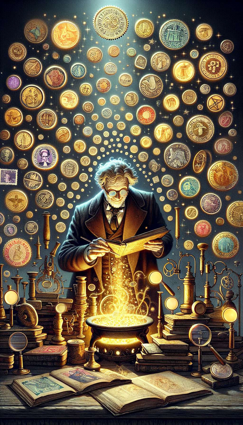 A whimsical alchemist pores over an ancient book, his desk cluttered with magnifying glasses and exotic tools, amidst piles of old, glowing stamps that spiral upward, transforming into shimmering gold coins above a cauldron. One stamp, centrally featured, morphs halfway between paper and gold, symbolizing the lucrative magic of philately. Each stamp vignette recalls a unique historical style, from Victorian to Art Deco.