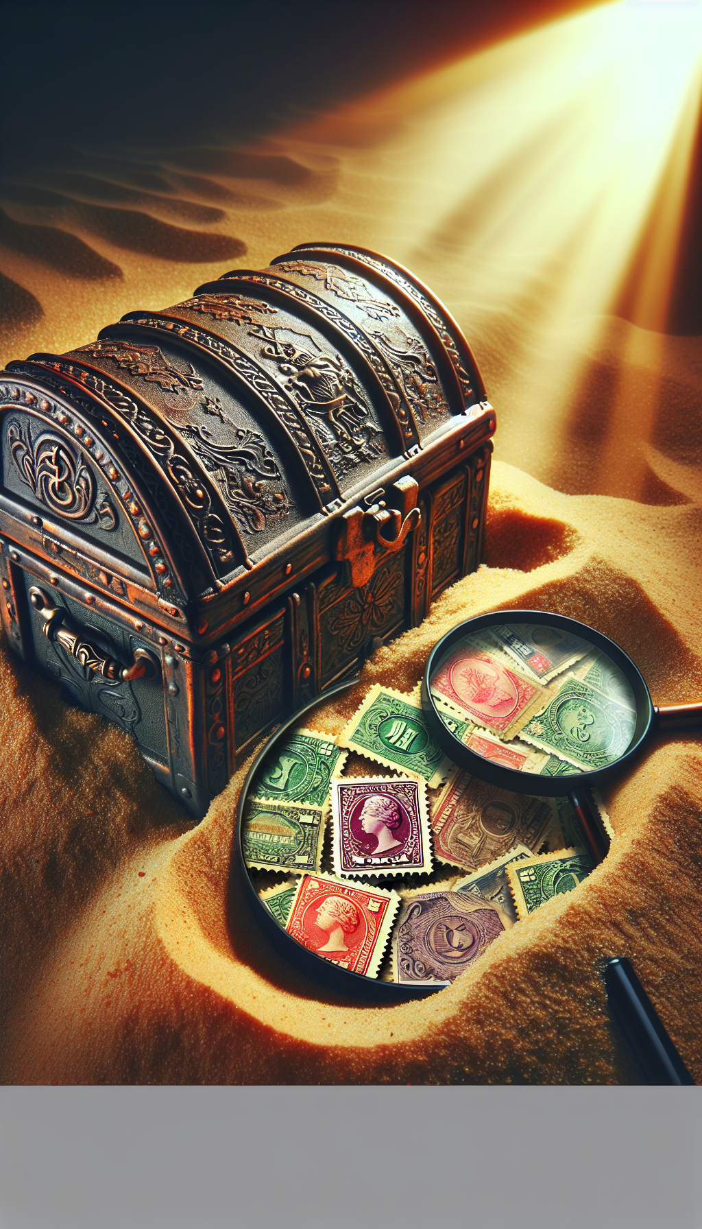An illustration of an old, ornate treasure chest partially buried in sandy soil, with the lid ajar revealing a glow and rare, vintage stamps spilling onto the ground. Among the stamps, a magnifying glass highlights one, casting a shadow shaped like a dollar sign, symbolizing its immense value. The scene smoothly transitions from sepia tones to vibrant colors, suggesting historical depth and modern allure.