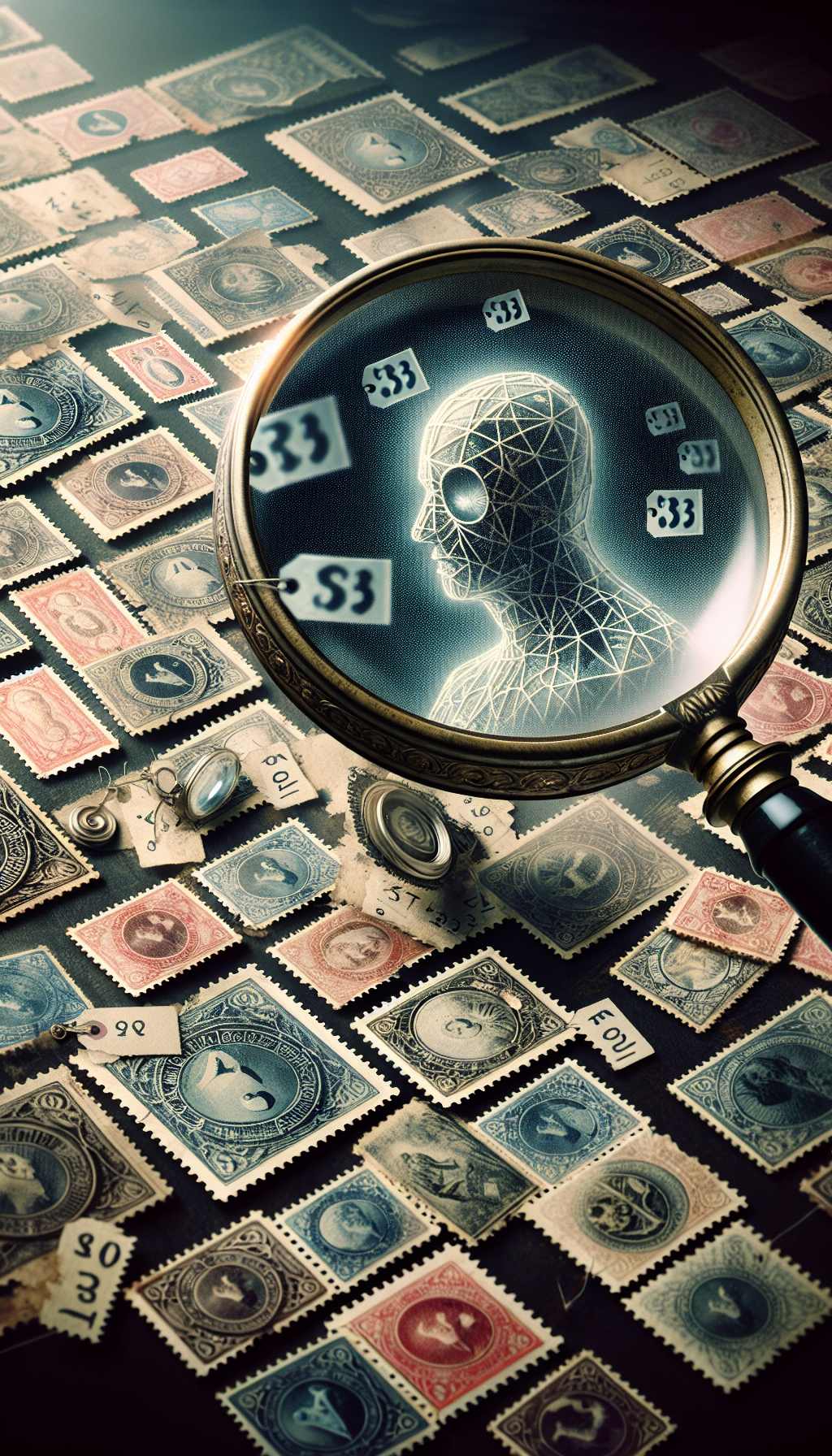 A vintage magnifying glass hovers over a collage of aged stamps with faint price tag icons shimmering on them. Intricate filigree patterns and numbers suggestive of valuations intertwine around the stamps, while a shadowy figure of an expert with a jeweler's loupe peers at the edges, symbolizing the convergence of historical allure and expert appraisal in the quest for stamp valuation secrets.