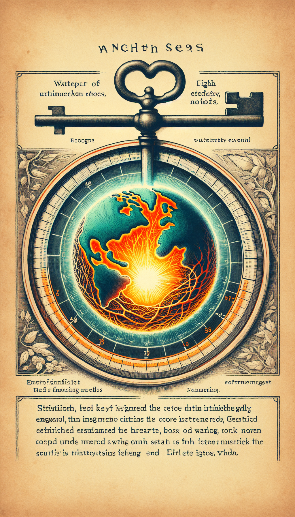 An illustration showcases a cross-section of a stylized Earth, its core glowing warmly like a hearth. Above the surface, a vintage key is turning within a lock made of interwoven roots, symbolizing the 'unlocking' process. The Earth is encircled by a simple, elegant gauge indicating high efficiency levels, reflecting the 'earth stove value', melded in watercolor and line art styles.
