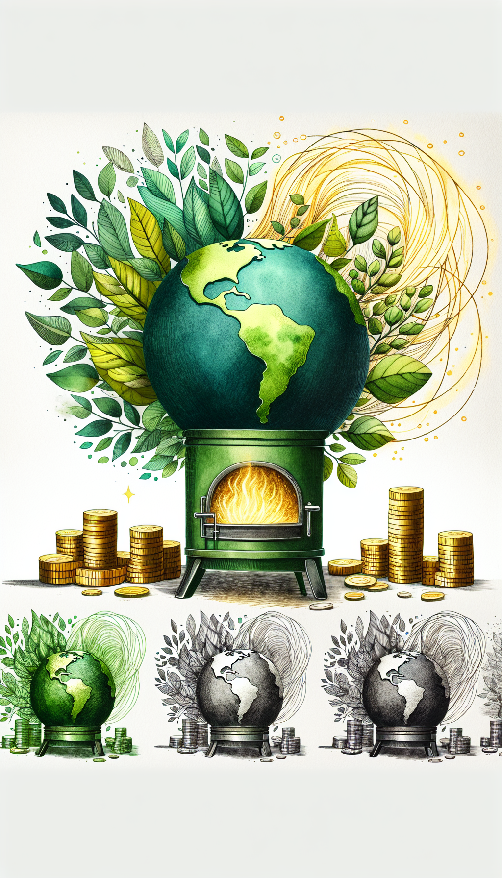 An artful rendering of a verdant globe, its continents textured like lush leaves, rests atop a stylishly abstract, earthen-toned stove. The stove emanates soft, golden spirals—symbols of clean energy—enveloping coins that hint at investment growth. This mix of natural and economic imagery on varied patches of watercolor, line art, and digital graphics visualizes the earth stove's eco-friendly and financial merit.
