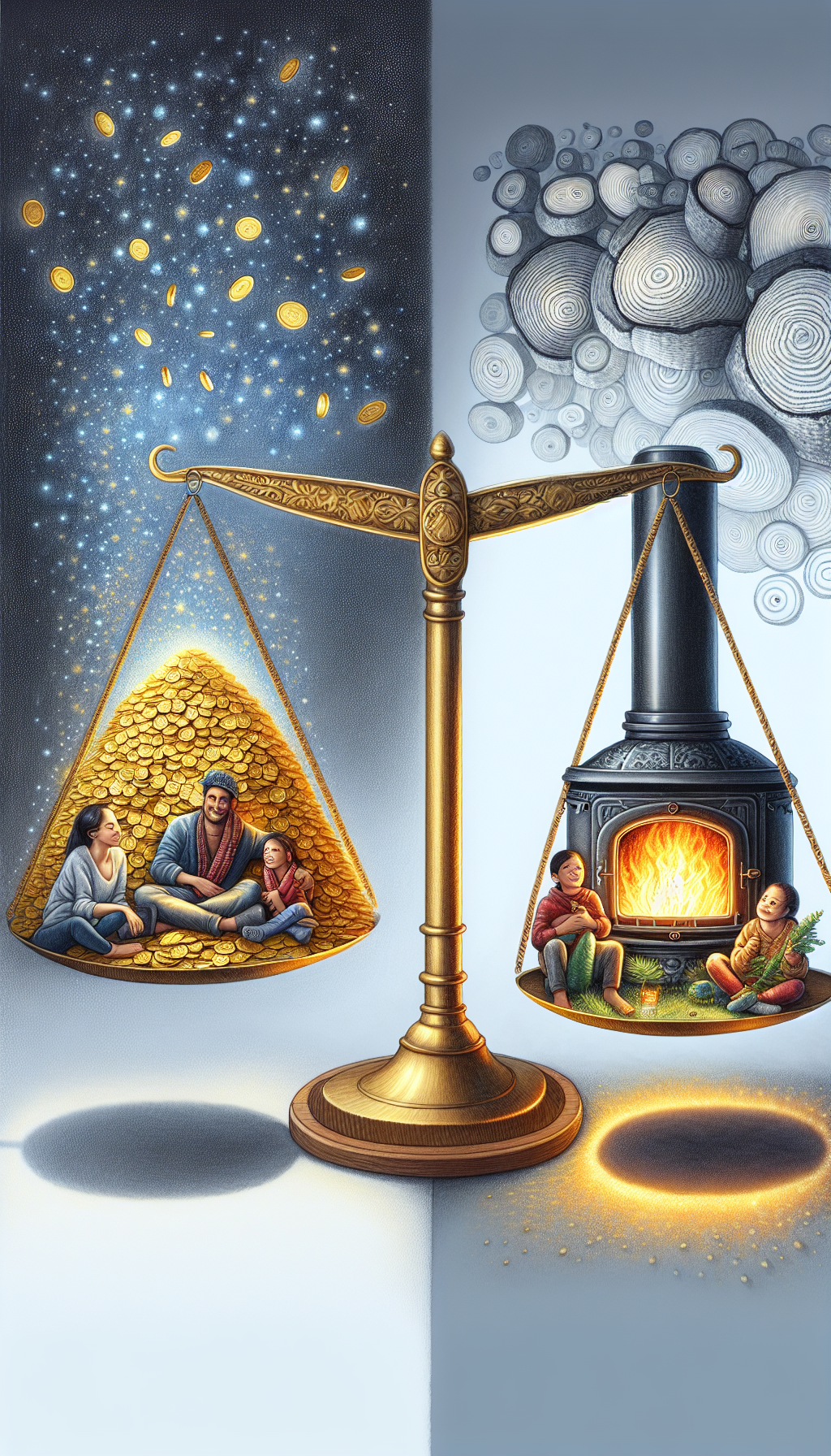 An illustration depicts a whimsical balance scale, with one side holding a pile of gold coins (cost) and the other a cozy, glowing Earth Stove (comfort), radiating warmth onto a relaxed family. Overshadowing the scene is a transparent overlay of tree rings (long-term value), suggesting the growth and sustainability of investing in the Earth Stove.