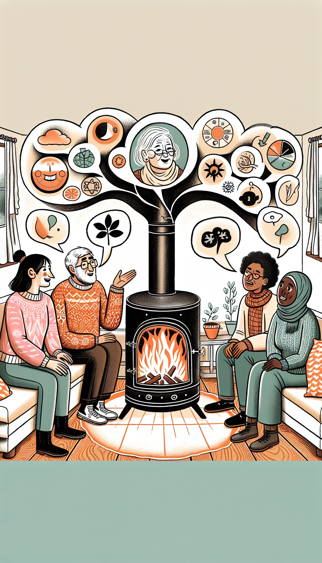 An illustration depicts a cozy living room scene with diverse homeowners gathered around a vibrant, crackling 'Earth Stove.' Each person is animatedly sharing their experience, with speech bubbles containing icons symbolizing warmth, savings, and eco-friendliness. The stove glows heartily at the center, with roots extending to the Earth, visually intertwining the stories with the core values of sustainability and community.