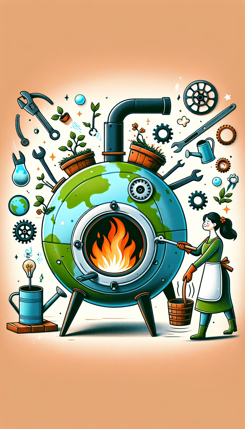 An illustration depicts a whimsical Earth-shaped wood stove with gears and tools floating around it. A gardener, whimsically stylized as a diligent mechanic, tends to the stove with a watering can of oil and a pruning shear-wrench hybrid. A healthy, vibrant flame nurtures a sprouting plant on top, symbolizing the Earth Stove's value through sustained, efficient warmth and environmental harmony.