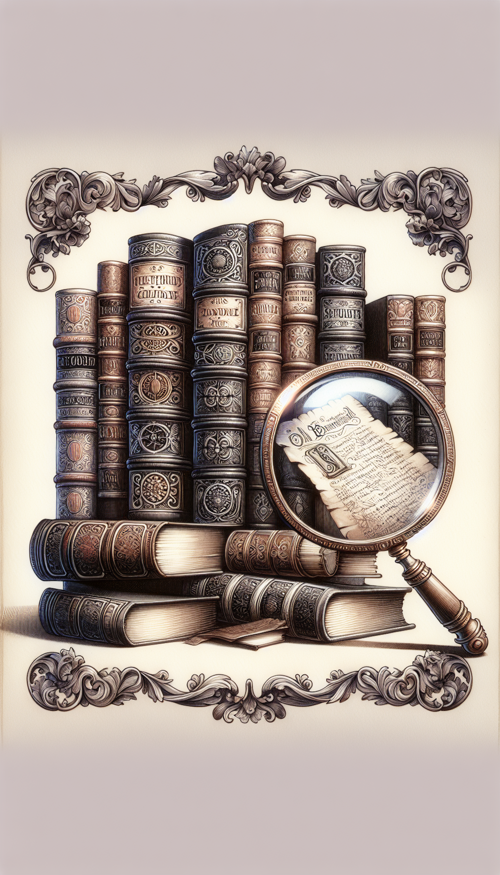 An antique, magnifying glass peeks over a pile of weathered, leather-bound books, each spine embossed with golden titles and fading flourishes. A ghostly, transparent scroll unfurls beside them, bearing the inscription "Old Book Value Guide," with intricate filigree corners. The style merges pen-and-ink shading for the tomes with ethereal watercolors for the scroll, suggesting both history and insight.