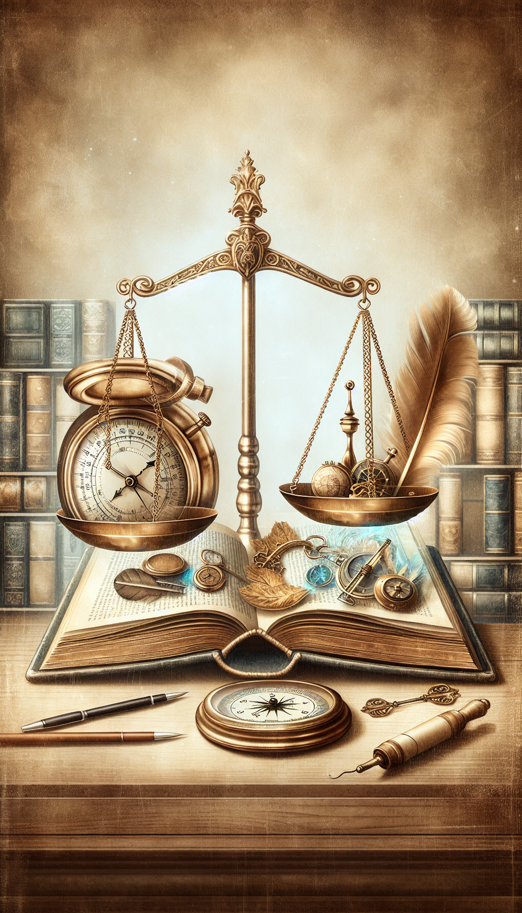 A whimsical, sepia-toned illustration of an antique book opens to reveal a pocket watch, compass, quill, and rolled parchment, symbolizing the passage of time and journey of history. Overlaid on the page is a transparent, golden scale balancing intrinsic factors (like rarity and condition) against market trends, all framed by a ghostly bookshelf, hinting at an ever-evolving old book value guide.