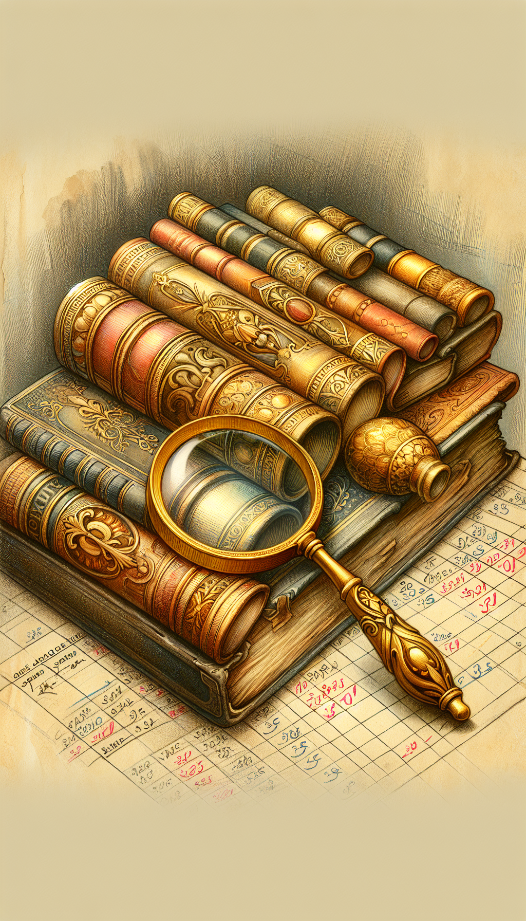 A whimsical still-life-style illustration depicting a golden magnifying glass hovering over a collection of unique, antique books with embossed titles hinting at rarity. Each book shows faded colors and intricate designs, sitting atop an aged "Old Book Value Guide" ledger, with handwritten notes and dollar signs, constrasting in sketched graphite versus the full-color tomes, capturing the fusion of past prestige with today's treasure hunt.