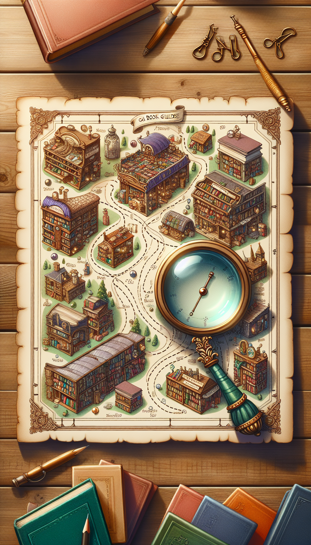 An illustration of a whimsical treasure map unfurling across a wooden table, with iconic landmarks such as an antique bookstore, a cozy reading nook, and a bustling flea market. Routes marked by dotted lines lead to each location, where tiny, gleaming books are hidden. Atop the map rests an ornate magnifying glass highlighting the words "Old Book Value Guide."