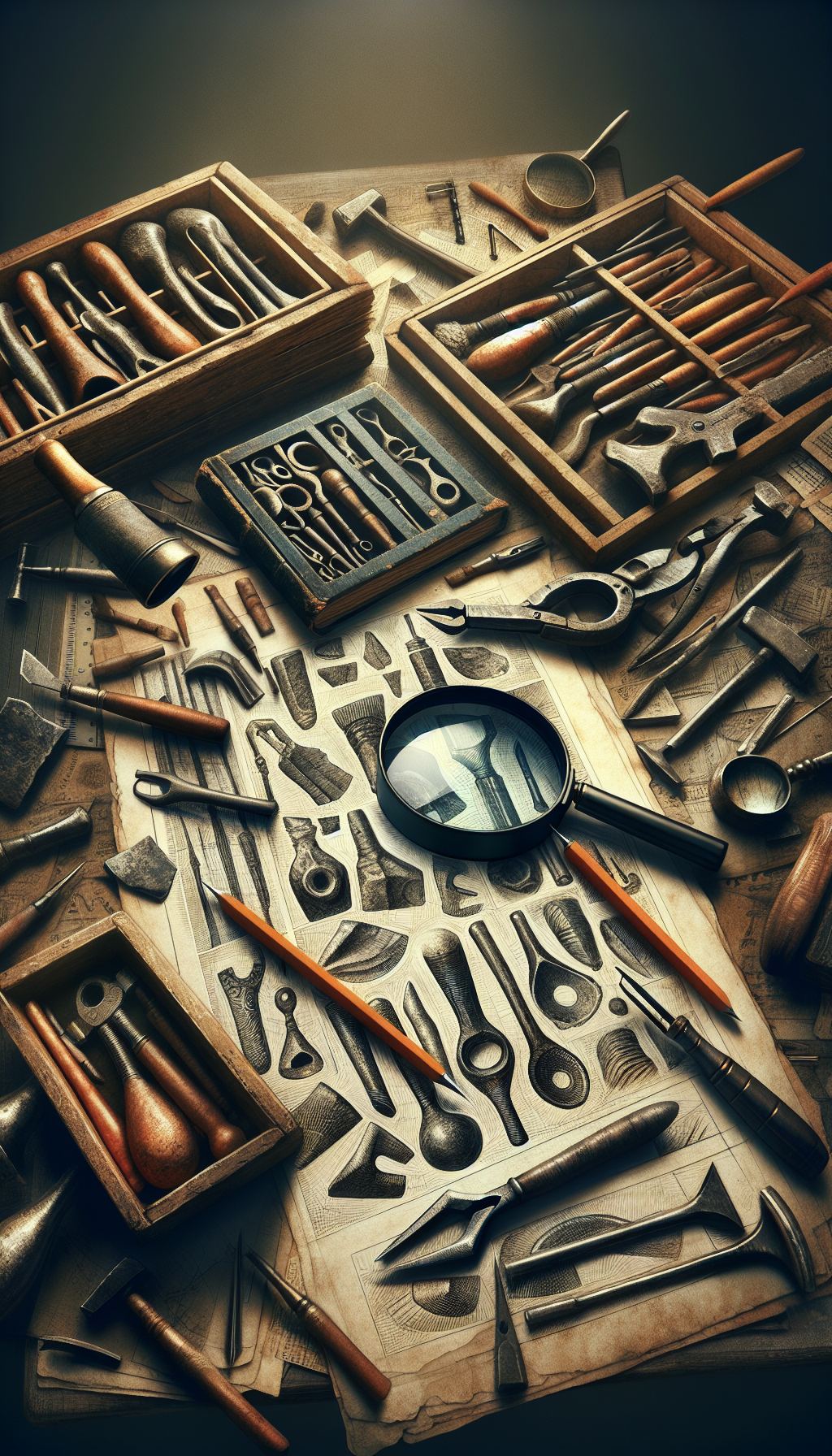 An illustration of an archaeologist's desk, cluttered with sketches of obscure antique hand tools, magnifying glass inspecting a peculiar gadget, and a dusty tome open to 'Antique Tool Types'. Each tool sketch transitions in style from realistic to caricatured, symbolizing the identification journey from obscurity to recognition, capturing the essence of the historical detective work in tool identification.