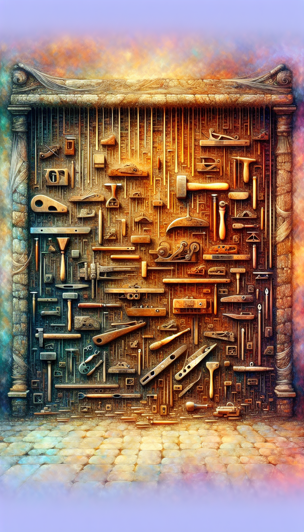 An illustration depicting an ancient wall covered in a tapestry of timelines, where each thread represents a distinct era. At the wall's base, an array of unusual antique hand tools is meticulously sorting themselves into designated epochs, each tool casting a faintly glowing hieroglyph revealing its age and origin. The tools vary in opacity, signifying different styles from ethereal watercolors to crisp digital lines.