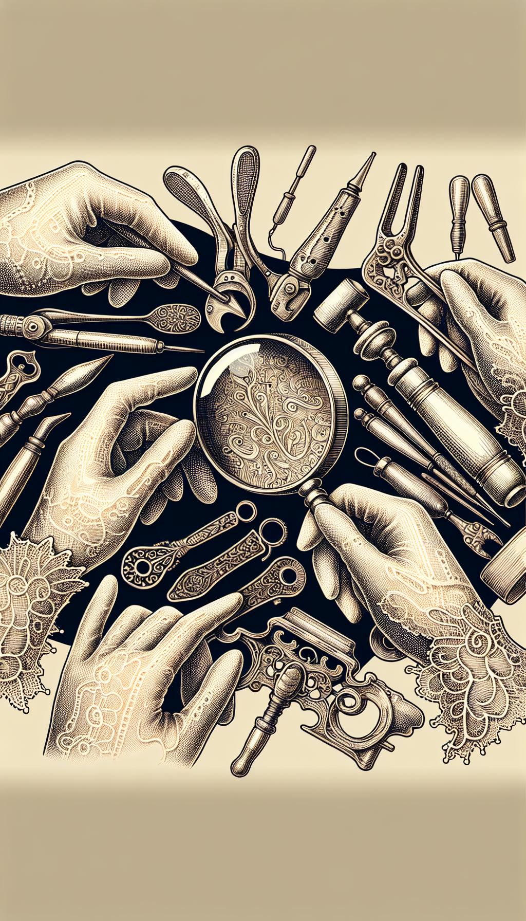 An intricately outlined pair of hands, donned in vintage lace gloves, cradles a collection of whimsical, sketched antique hand tools, each labeled with delicate, cursive names. Amidst them, a magnifying glass hovers, scrutinizing the filigree-engraved surface of a peculiar, unidentified tool, symbolizing the meticulous identification process of unusual antiques in a montage of discovery and preservation.