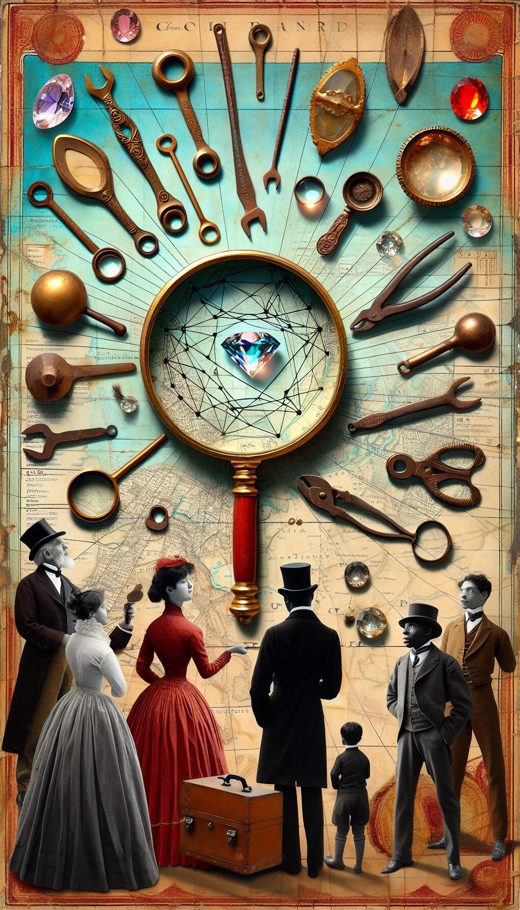 In a whimsical, mixed-media collage, an antique magnifying glass hovers over a map strewn with vintage hand tools, each casting a shadow of a rare gem. Intricate lines connect the tools with their identifying features written in elegant script, while curious characters in Victorian attire examine these find with awe, symbolizing the collector's insight into the world of rare treasures.