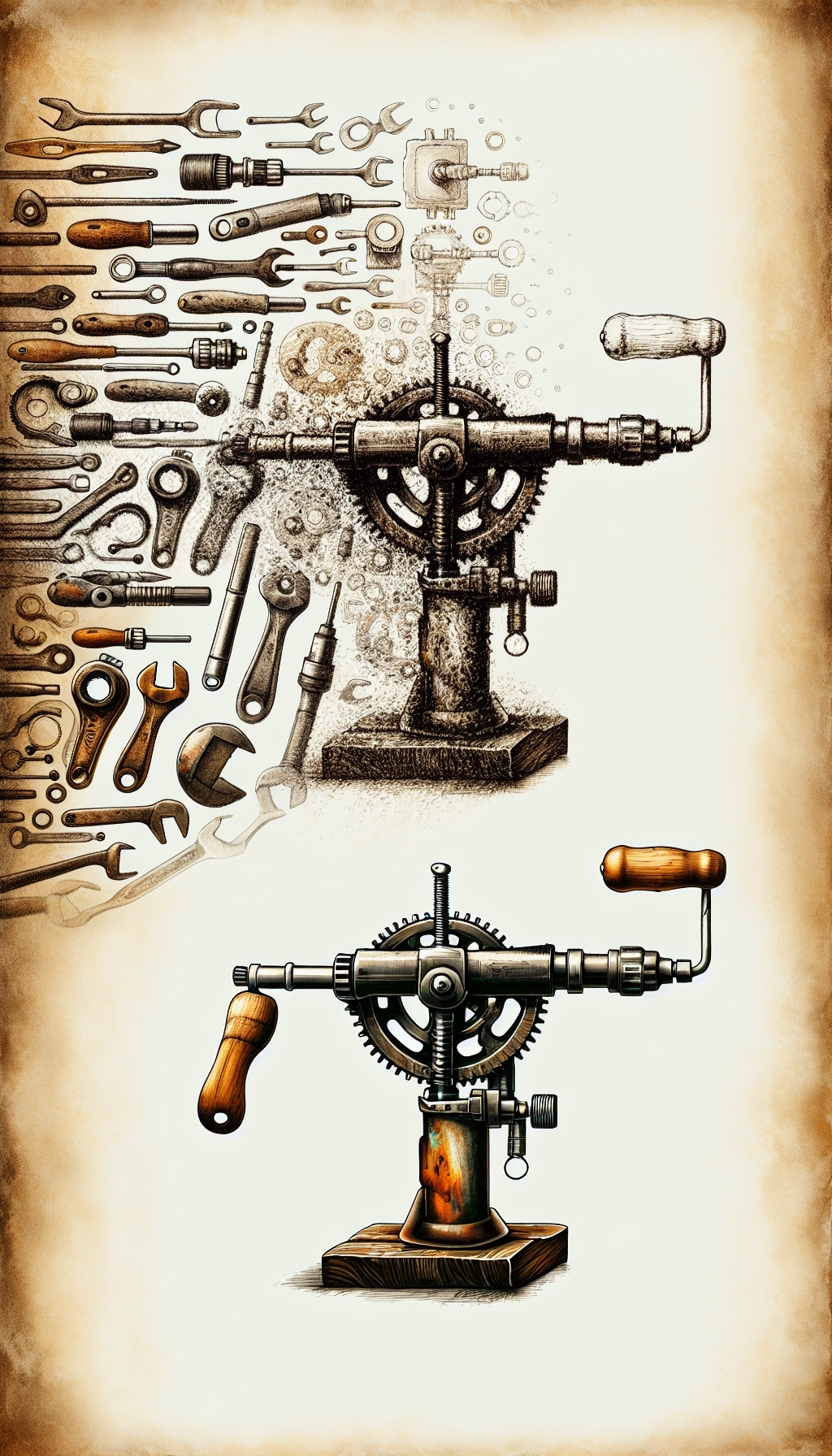 An illustration portrays an old, rusted hand-crank drill gradually transforming into a gleaming, new version of itself. In the background, stylized, ghostly outlines of various obscure antique tools serve as a visual guidebook for identification. The image transitions from a gritty sepia sketch on the rusty side to a vibrant, digital watercolor on the restored side, signifying renewal and discovery.